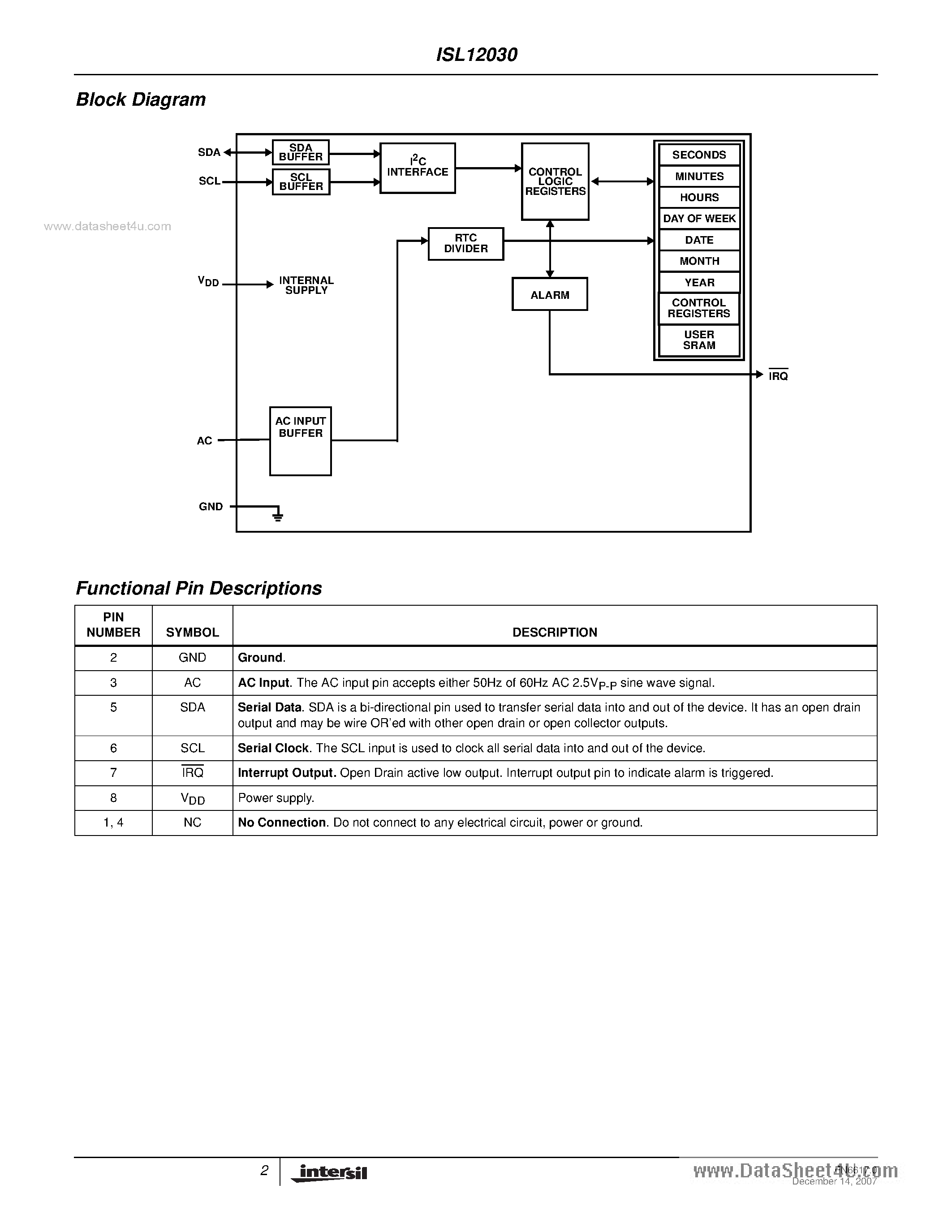 Datasheet ISL12030 - Low Power RTC page 2