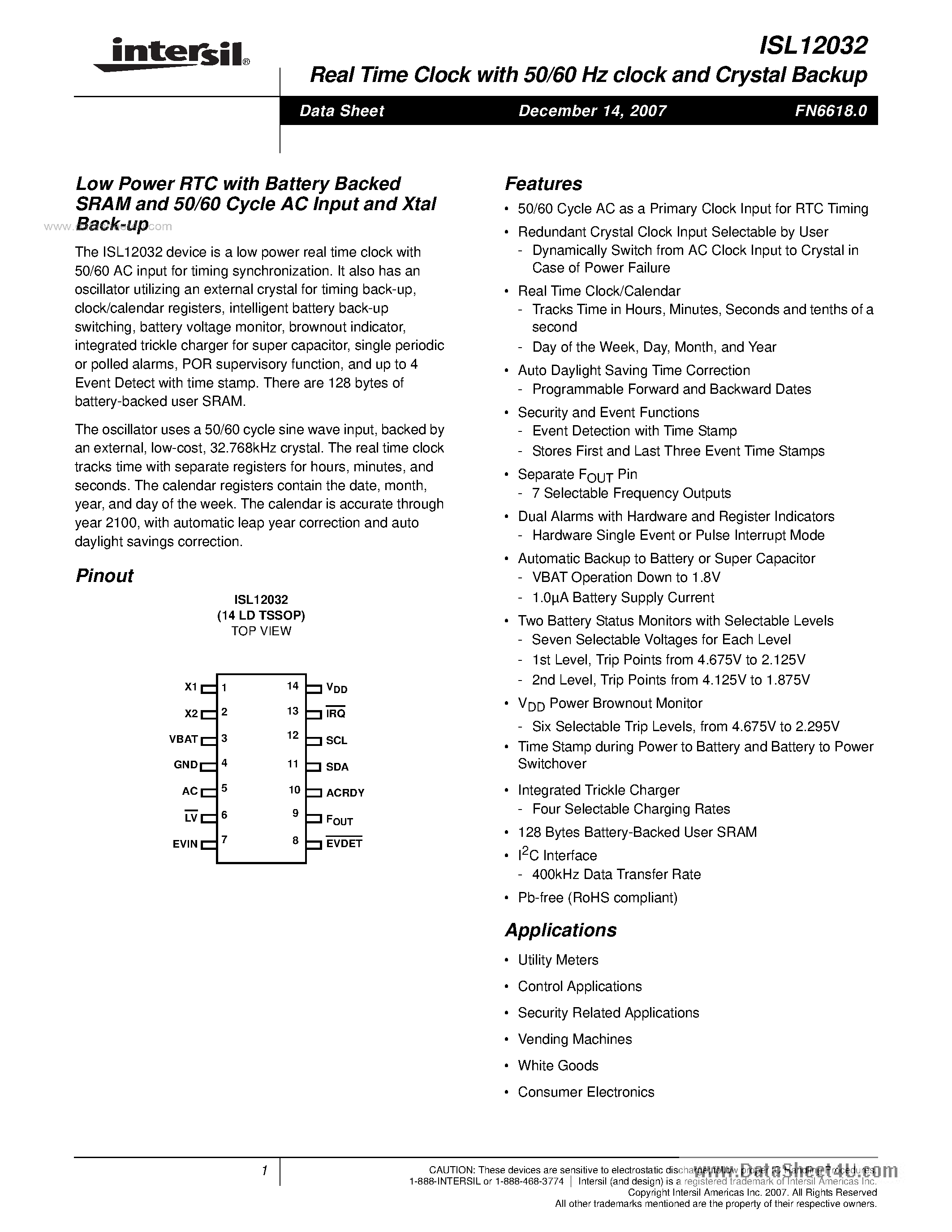 Datasheet ISL12032 - Low Power RTC page 1