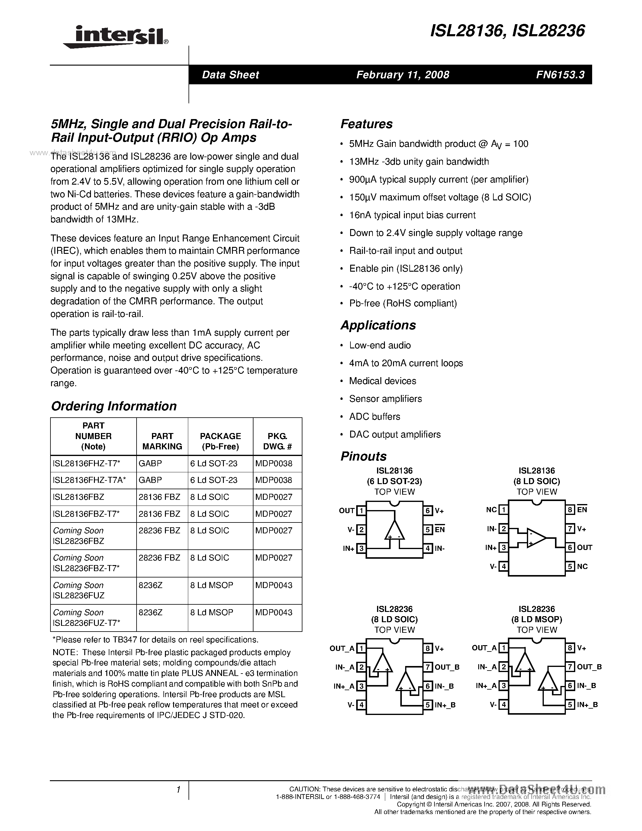 Даташит ISL28236 - (ISL28136 / ISL28236) Single and Dual Precision Rail-to-Rail Input-Output (RRIO) Op Amps страница 1