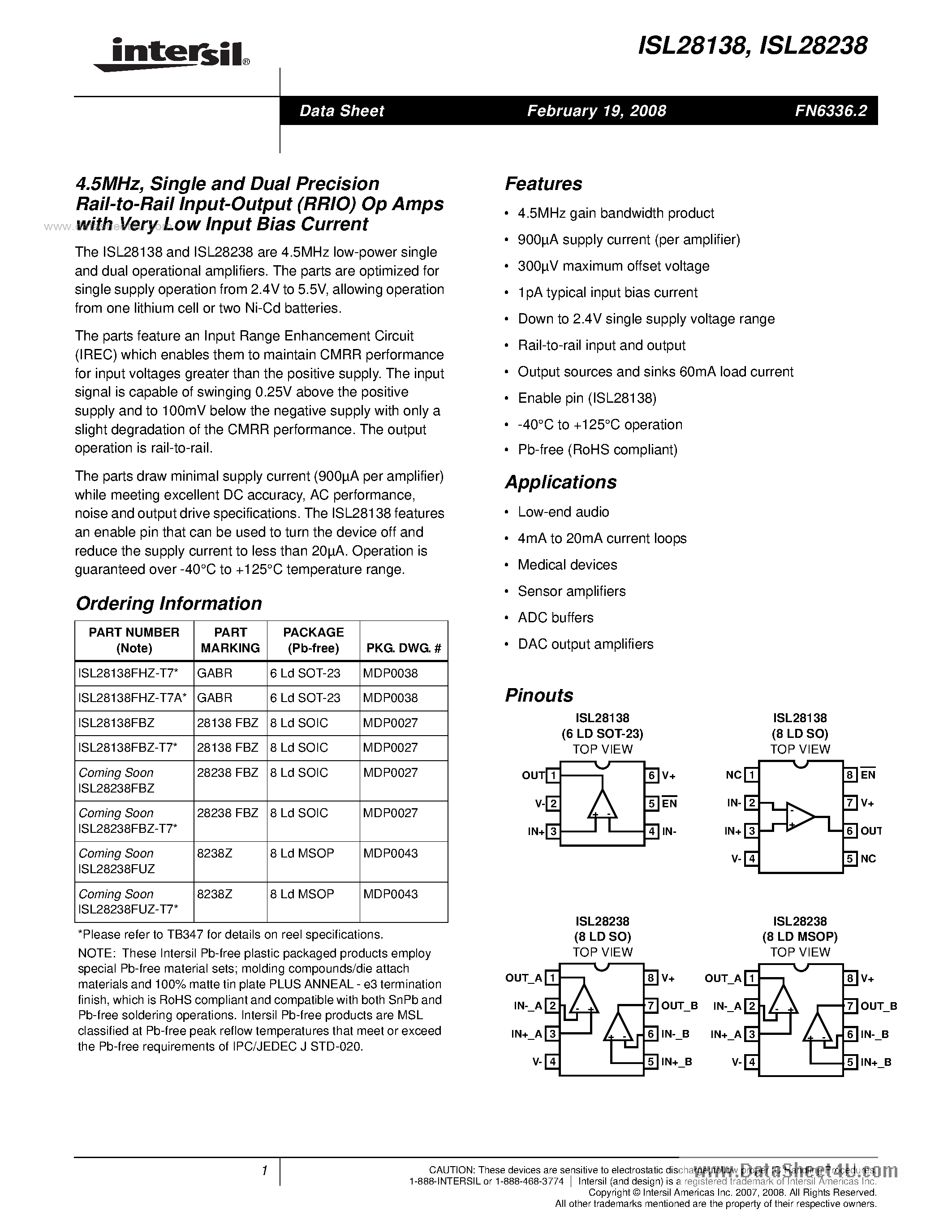 Даташит ISL28238 - (ISL28138 / ISL28238) Single and Dual Precision Rail-to-Rail Input-Output (RRIO) Op Amps страница 1