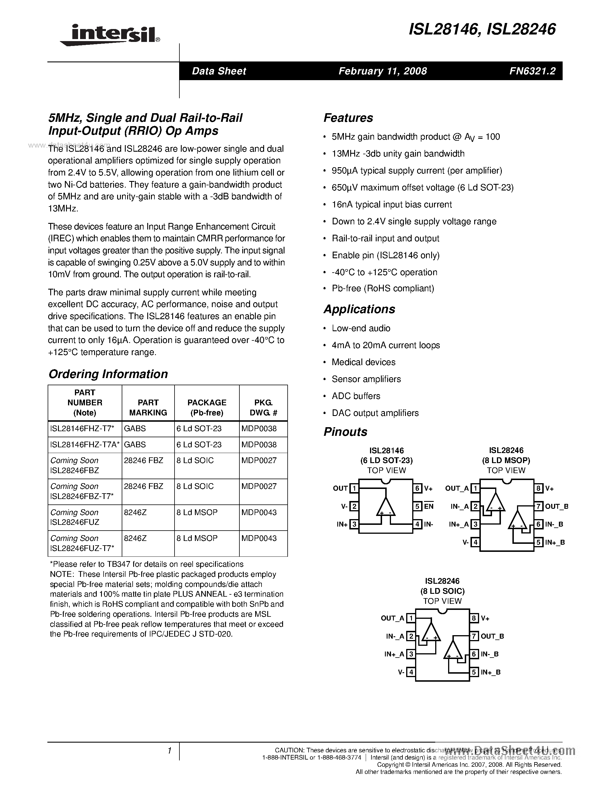 Datasheet ISL28246 - (ISL28146 / ISL28246) Single and Dual Rail-to-Rail Input-Output (RRIO) Op Amps page 1