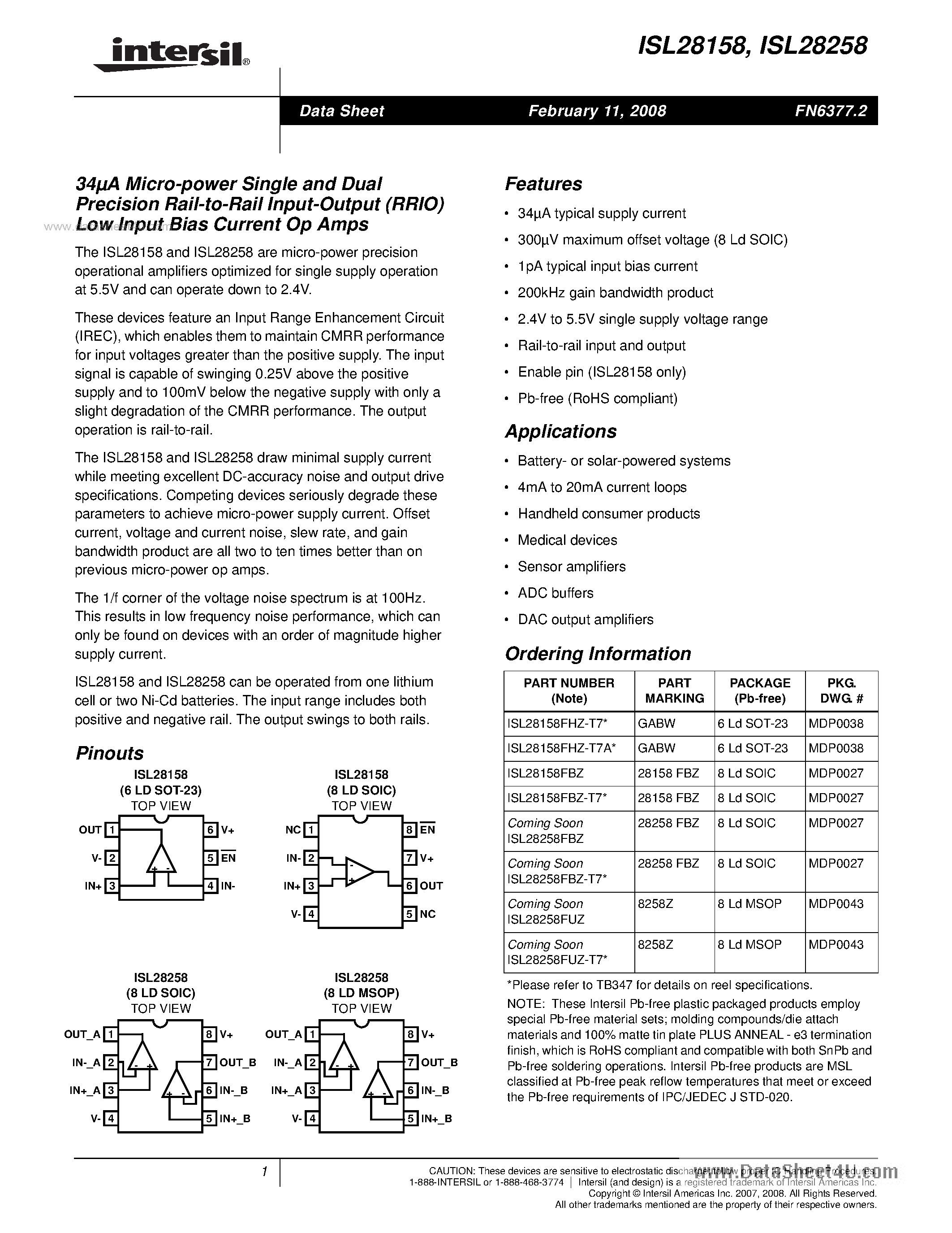 Datasheet ISL28258 - (ISL28158 / ISL28258) Micro-power Single and Dual Precision Rail-to-Rail Input-Output (RRIO) Low Input Bias Current Op Amps page 1
