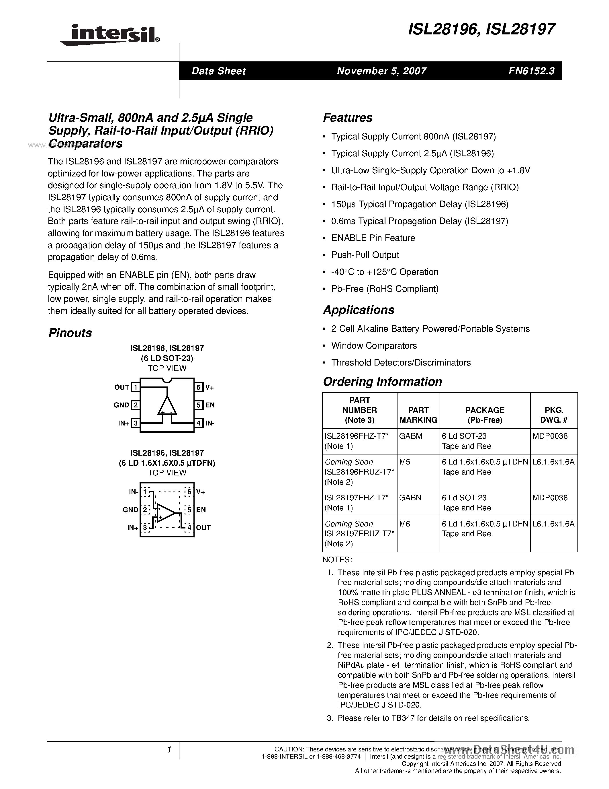 Datasheet ISL28196 - (ISL28196 / ISL28197) Rail-to-Rail Input/Output (RRIO) Comparators page 1