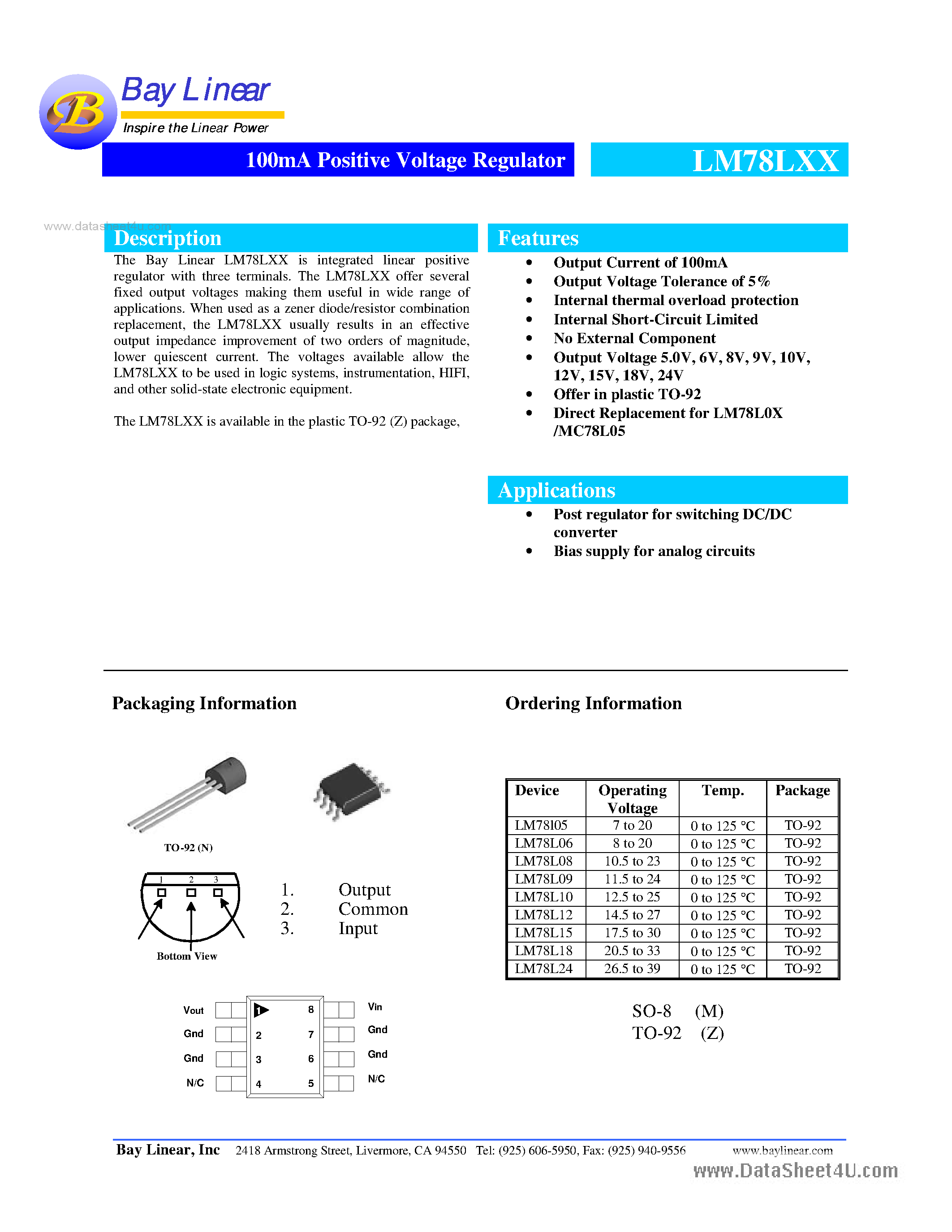 Datasheet LM78L05 - (LM78Lxx) positive voltage regulator page 1
