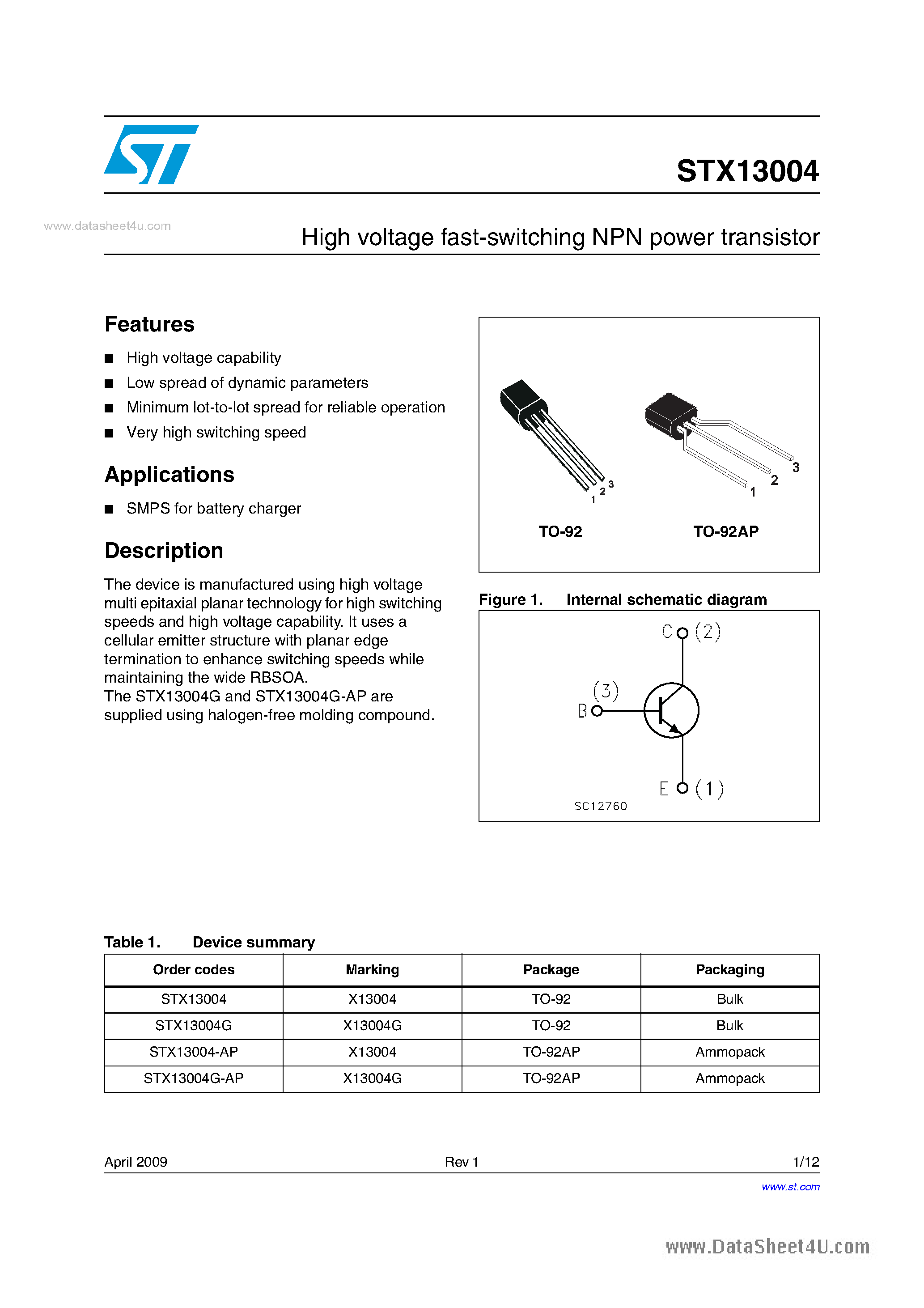 Datasheet STX13004 - High voltage fast-switching NPN power transistor page 1
