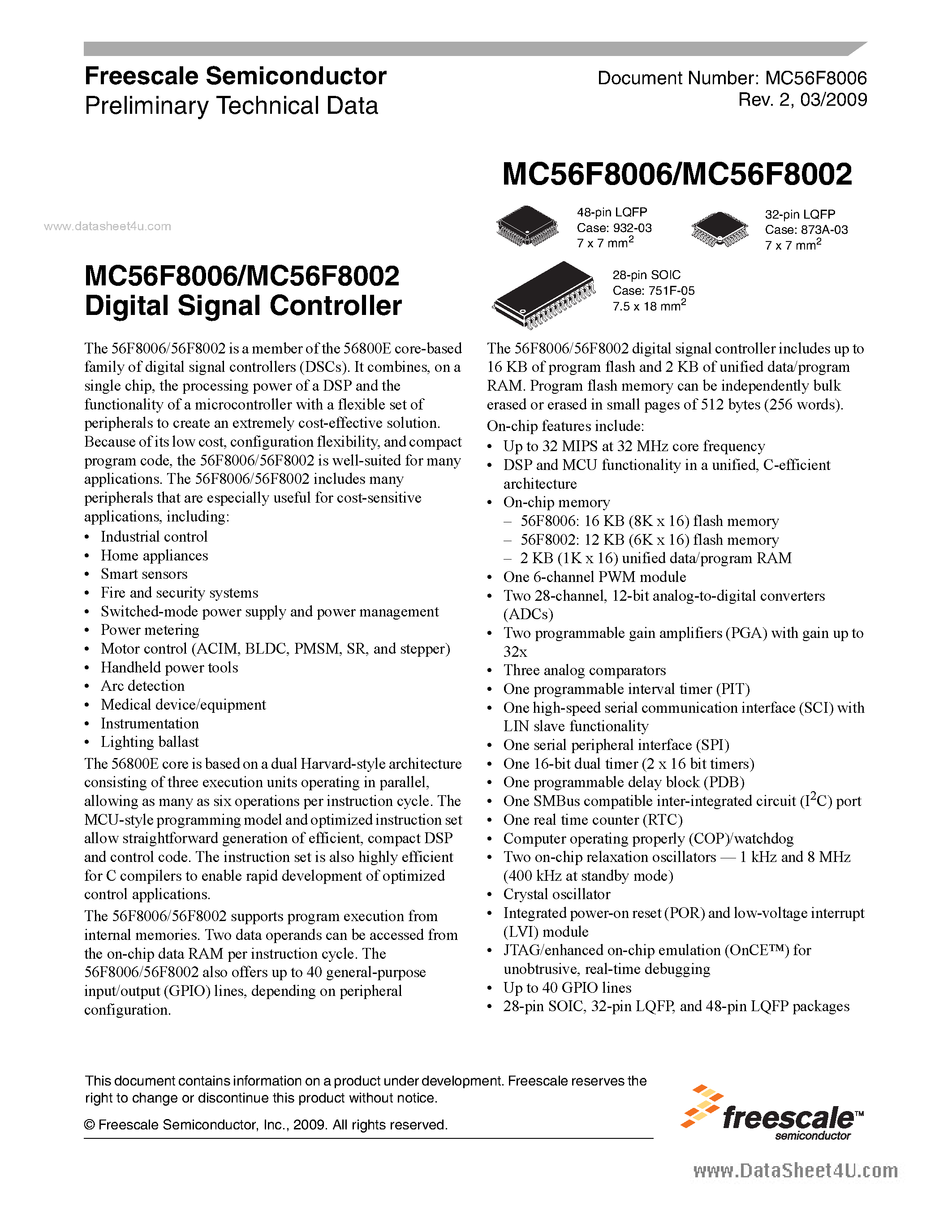 Даташит MC56F8002 - (MC56F8002 / MC56F8006) Digital Signal Controller страница 1