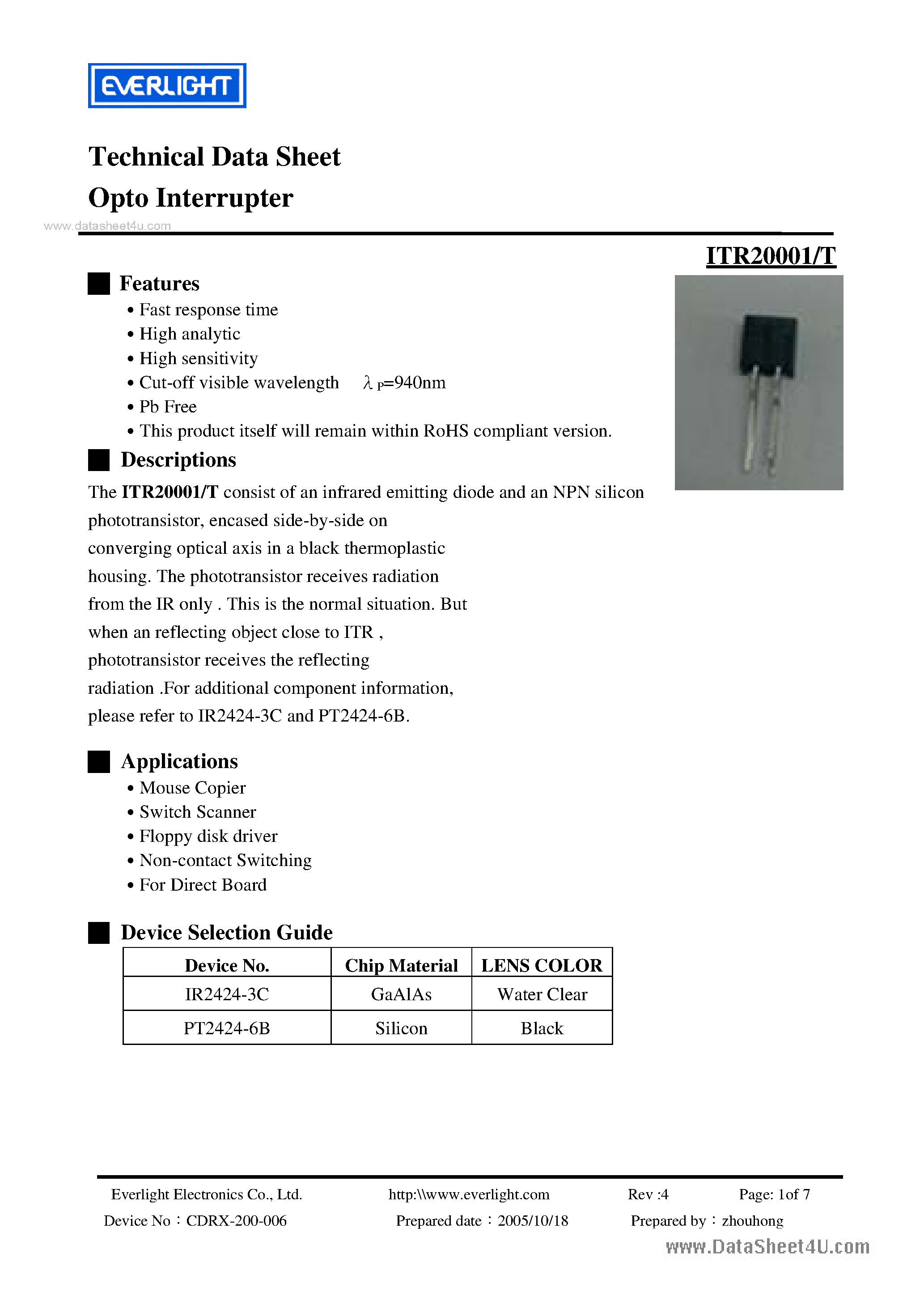 Datasheet ITR20001/T - Opto Interrupter page 1