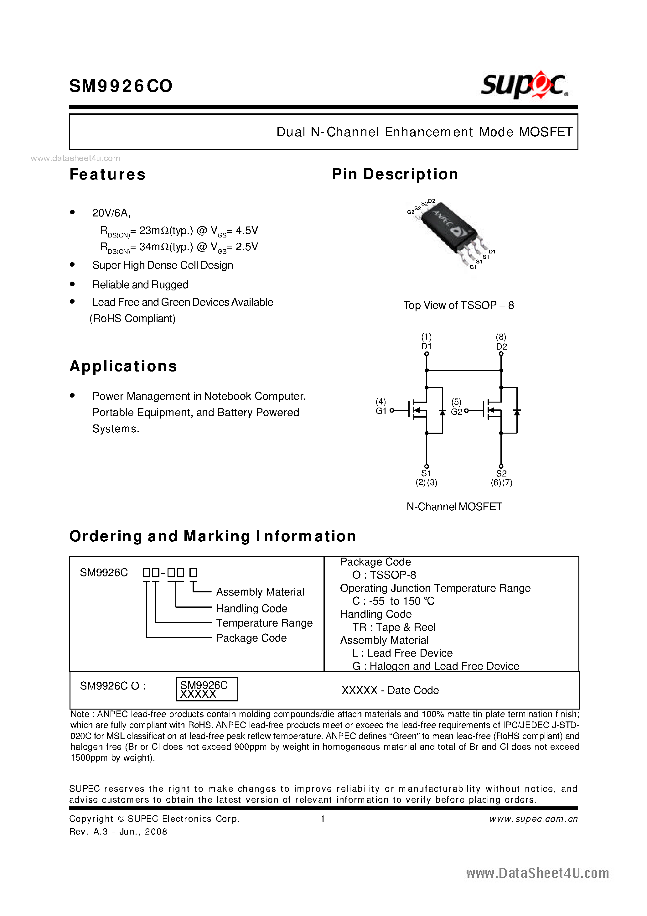 Datasheet SM9926CO - Dual N-Channel Enhancement Mode MOSFET page 1