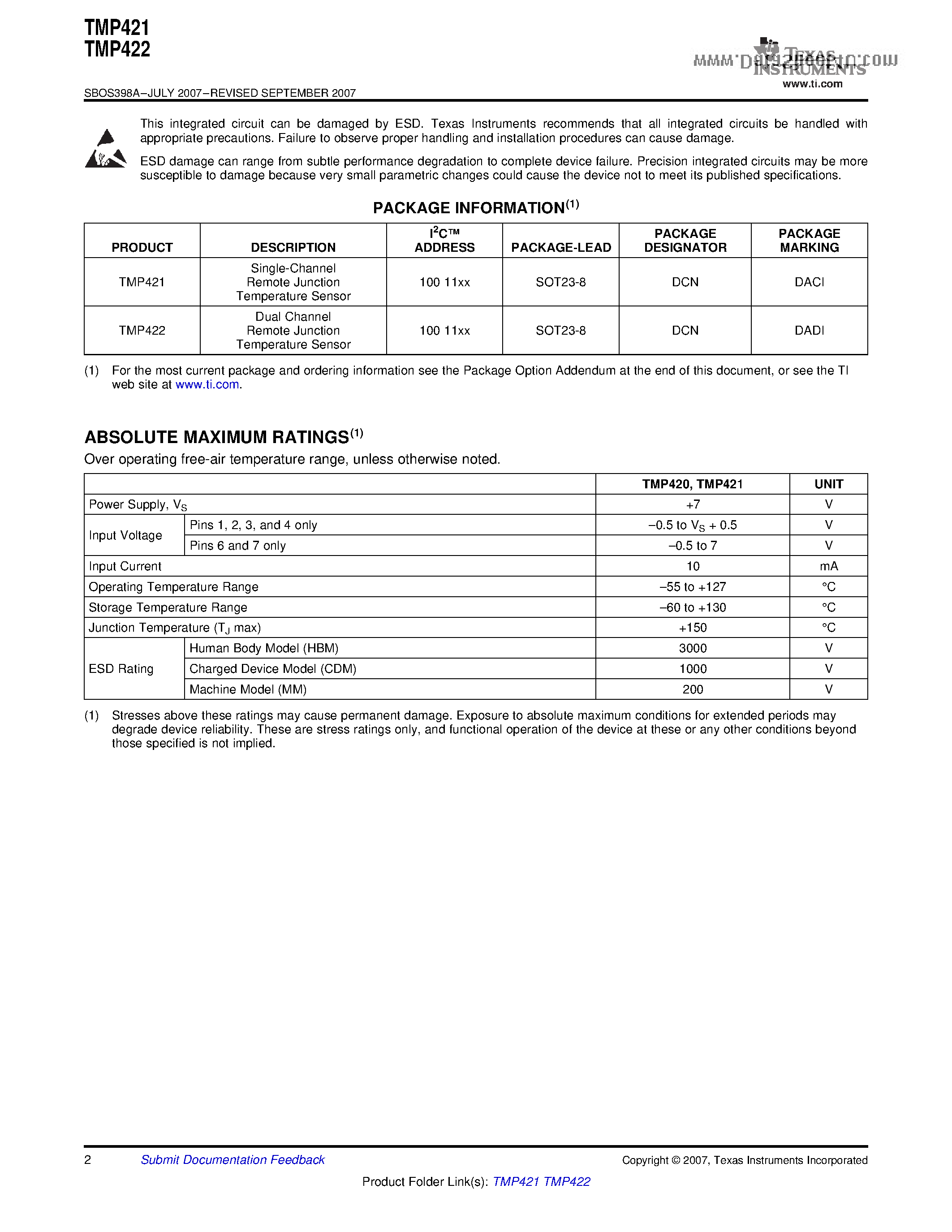 Datasheet TMP421 - (TMP421 / TMP422) Remote and Local TEMPERATURE SENSOR page 2