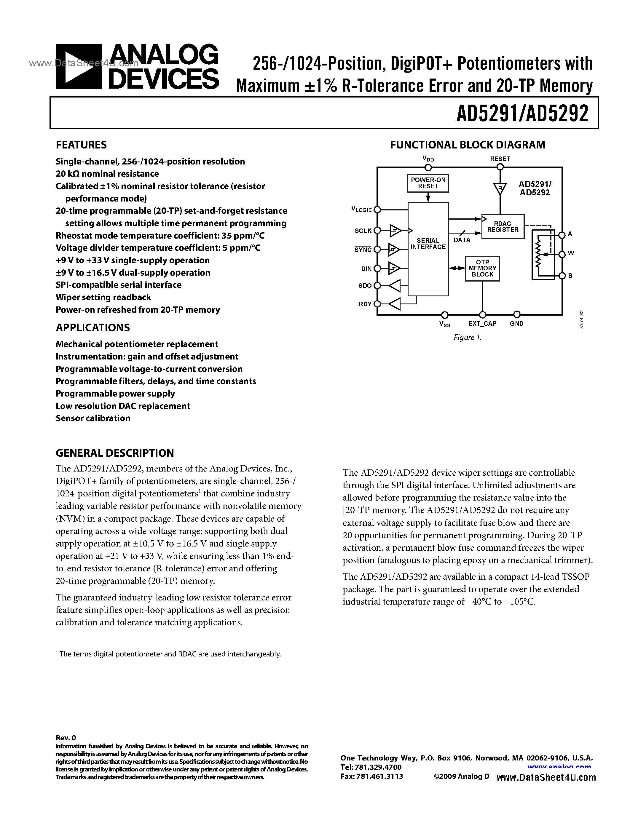 Даташит AD5291 - (AD5291 / AD5292) Digital Potentiometer страница 1