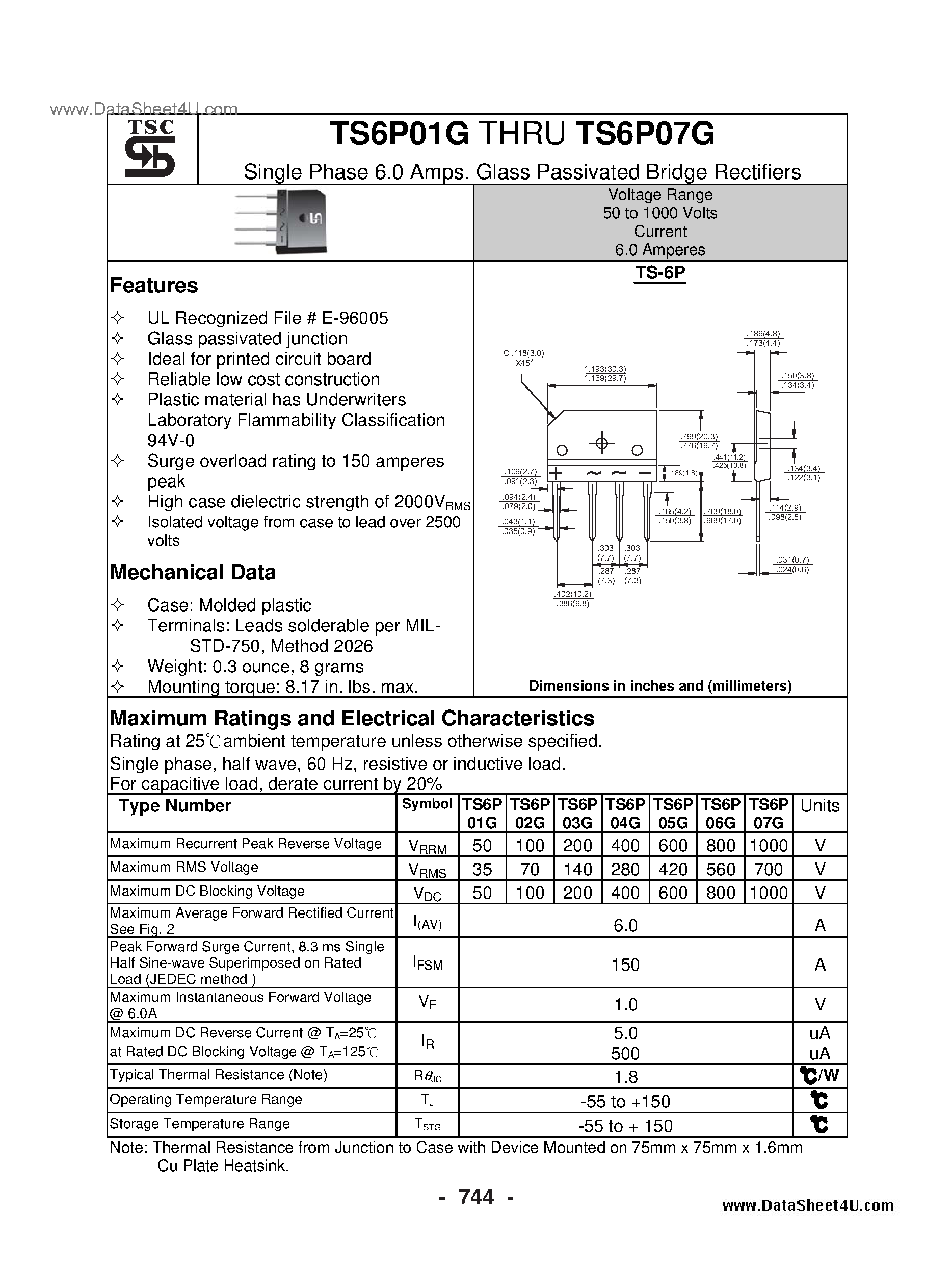 Datasheet TS6P01G - (TS6P01G - TS6P07G) Glass Passivated Bridge Rectifiers page 1