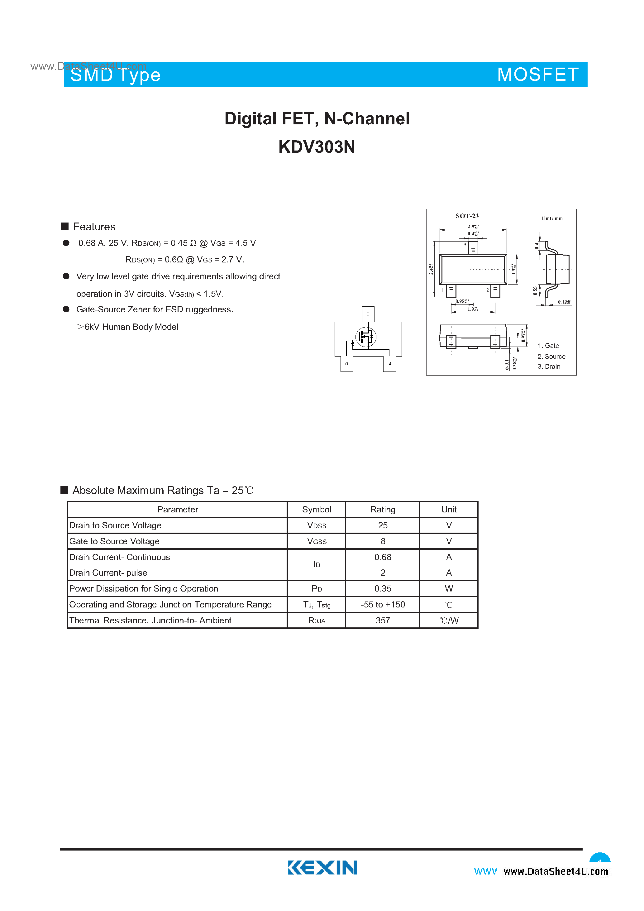 Datasheet KDV303N - Digital FET page 1
