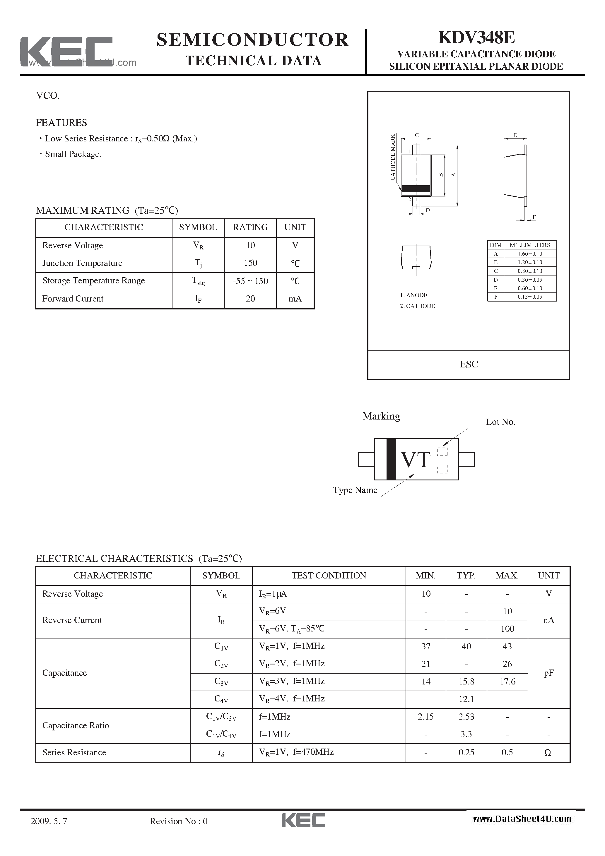 Datasheet KDV348E - Varactor Diode page 1