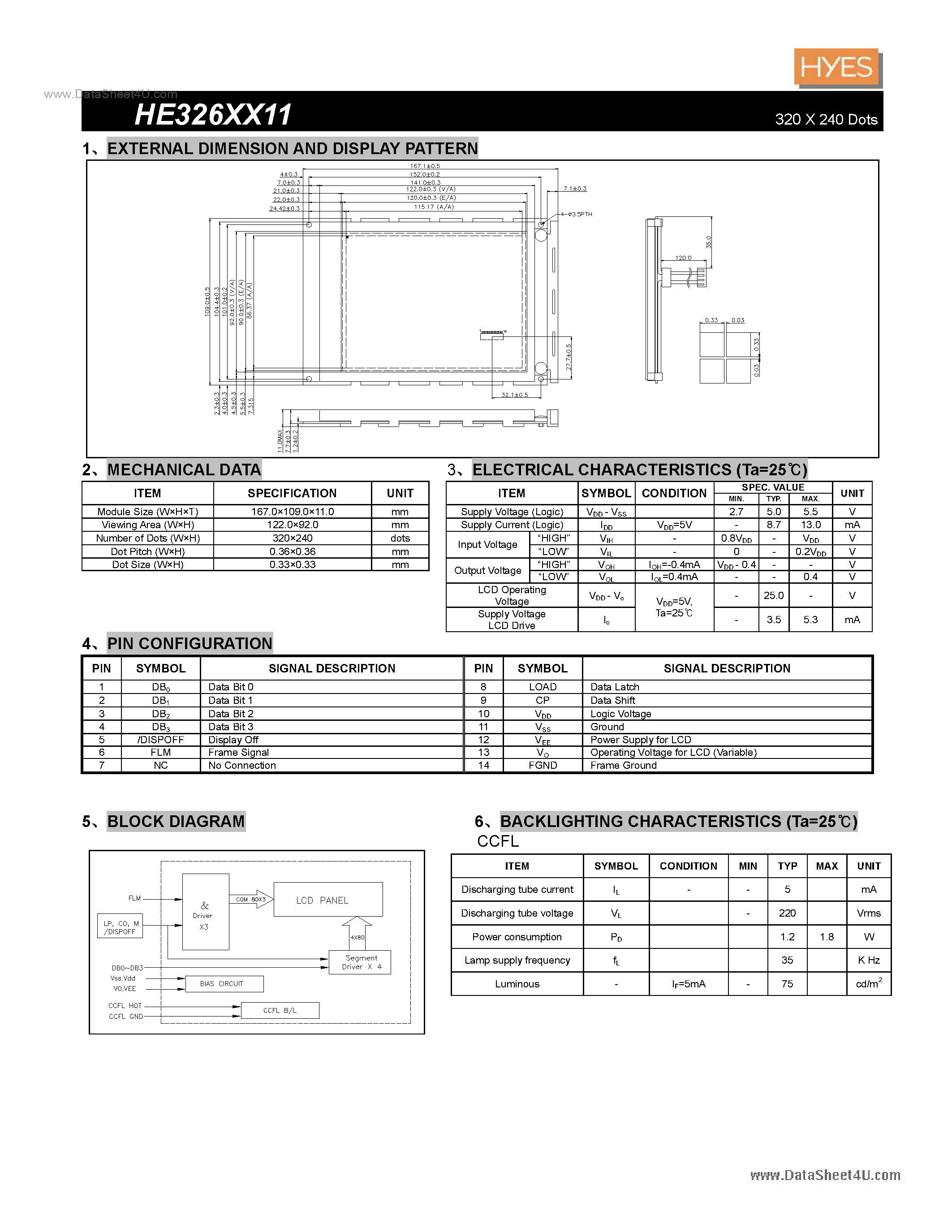 Datasheet HE326XX11 - 320 X 240 Dots page 1