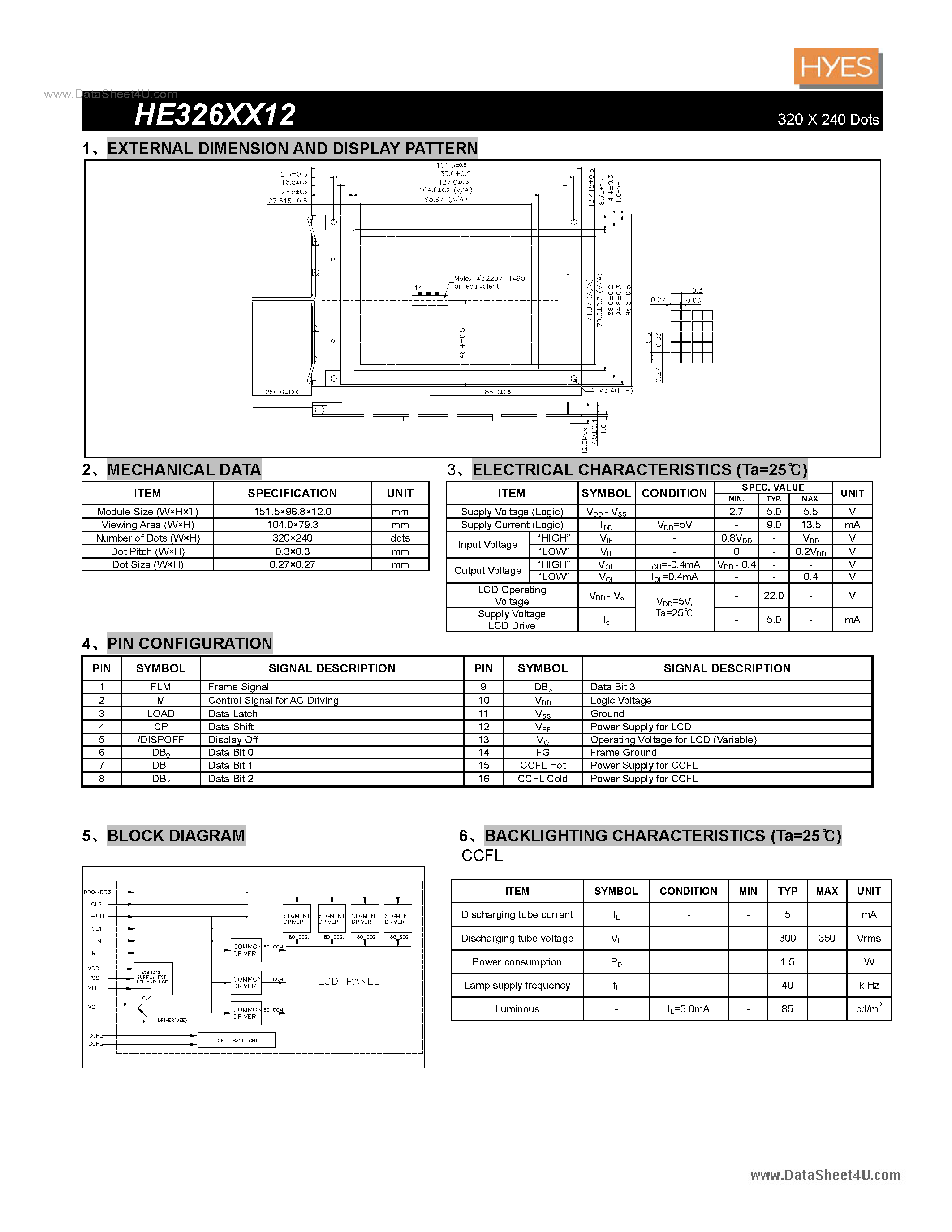 Datasheet HE326XX12 - 320 X 240 Dots page 1