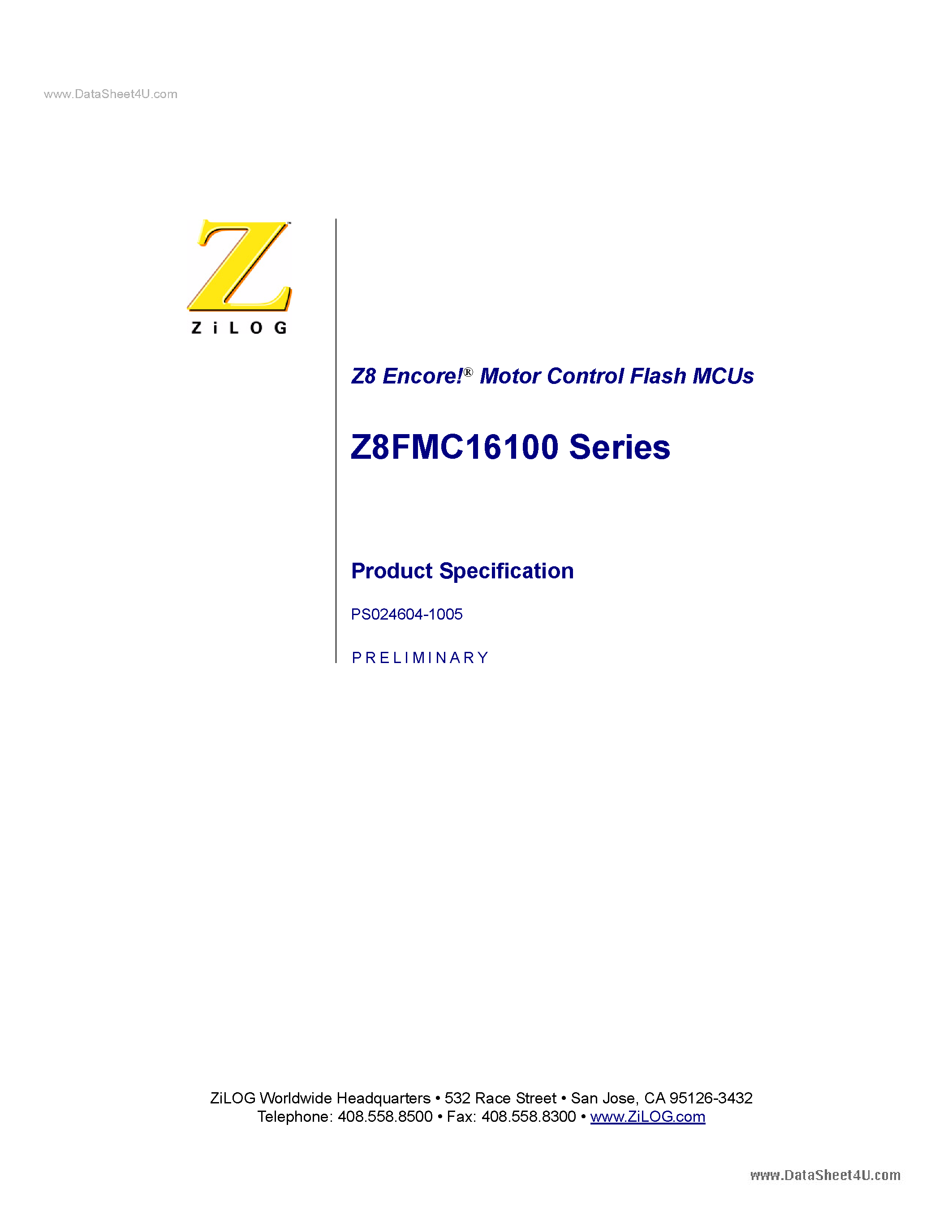 Datasheet Z8FMC16100 - Z8 Encore!-R Motor Control Flash MCUs page 1