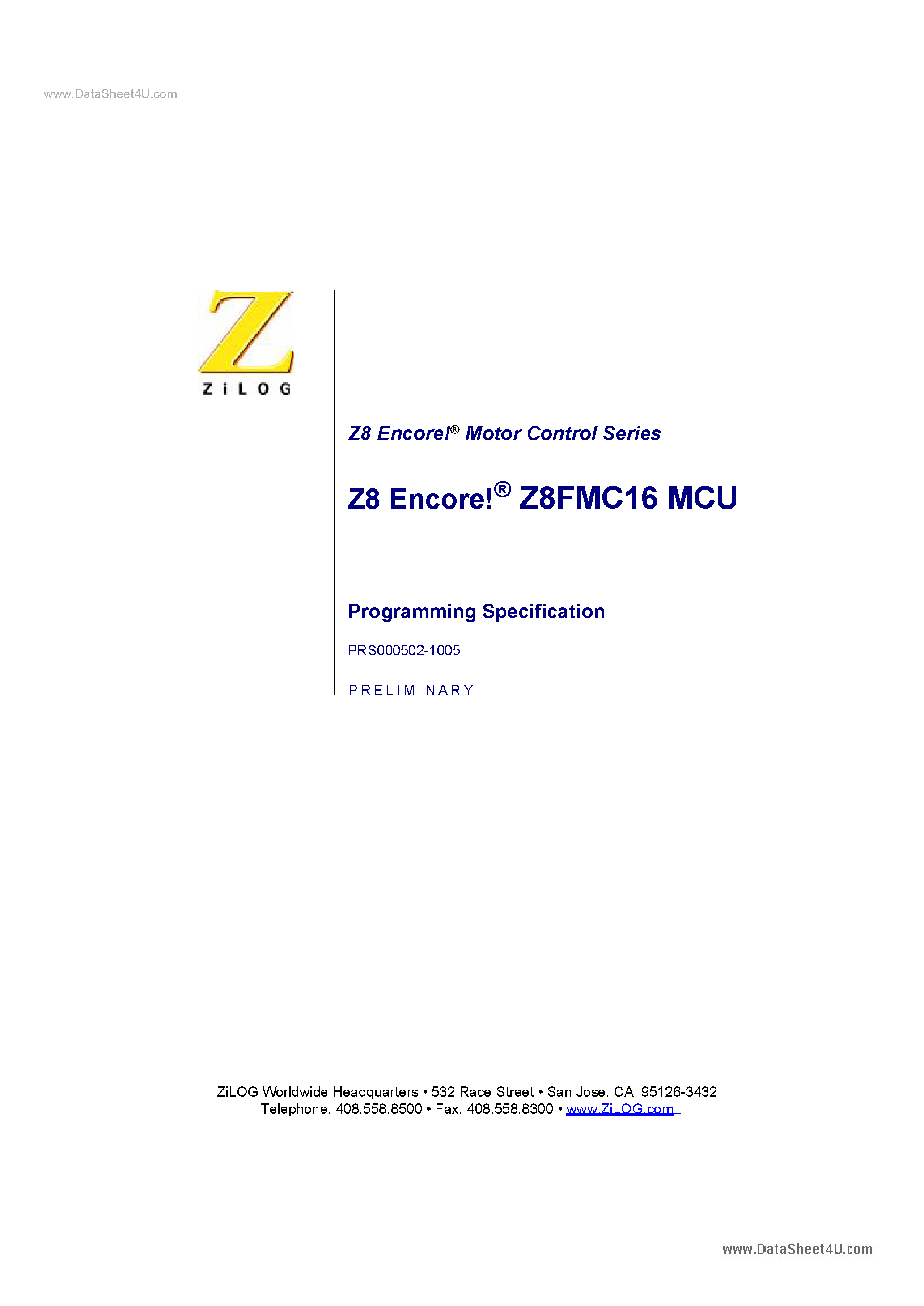Datasheet Z8FMC16MCU - Z8 Encore!-R Motor Control Series page 1