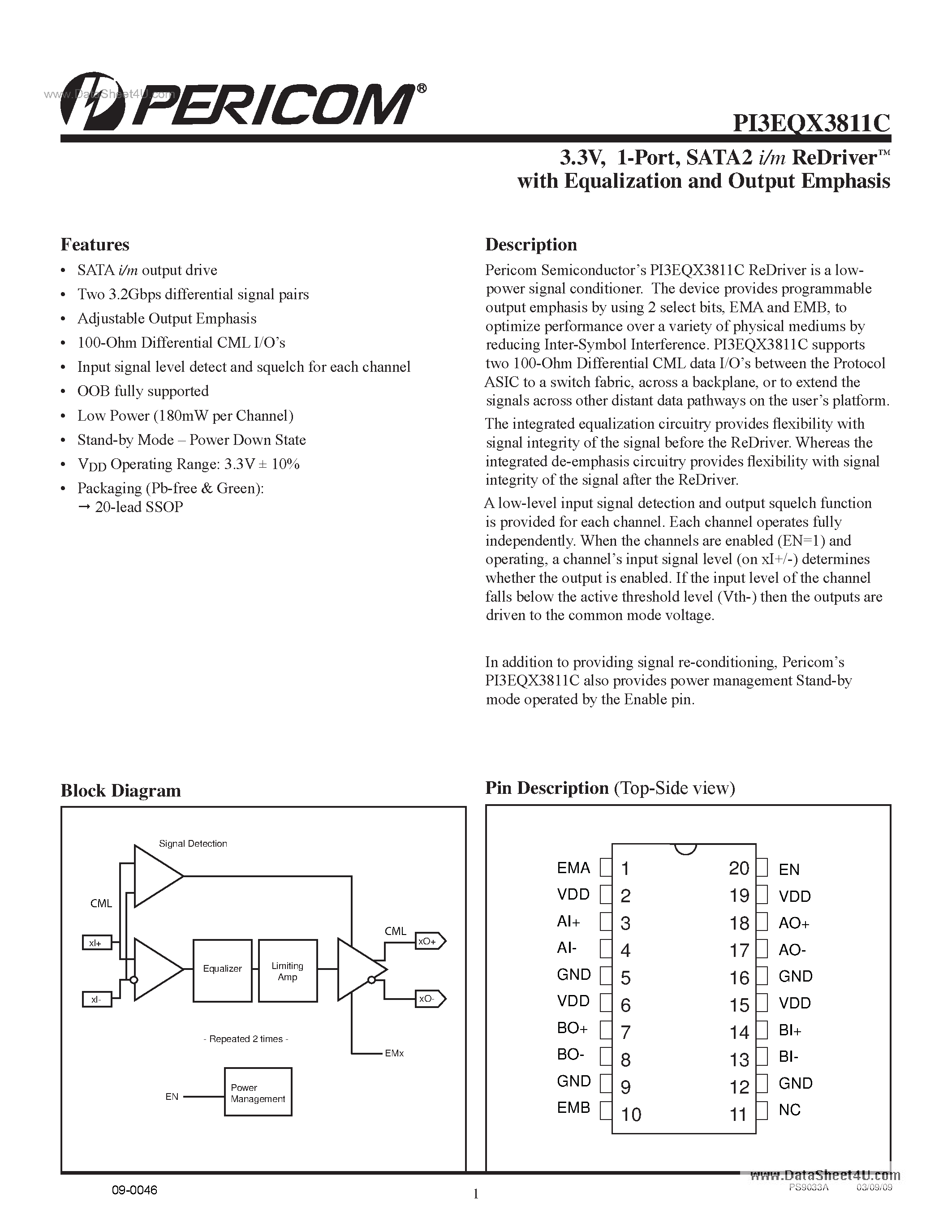 Даташит PI3EQX3811C - 1-Port SATA2 I/m ReDriver страница 1