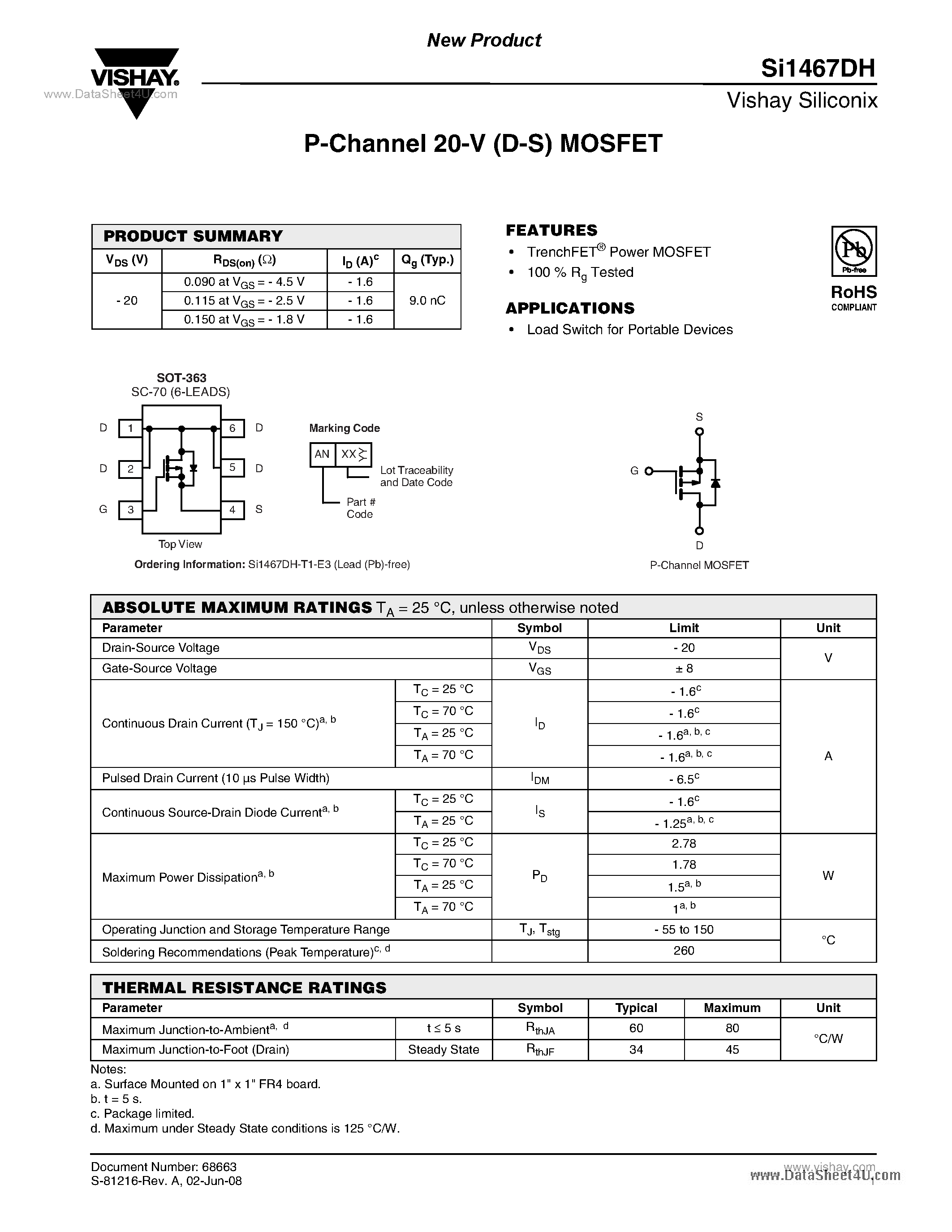 Datasheet SI1467DH - P-Channel 20-V (D-S) MOSFET page 1