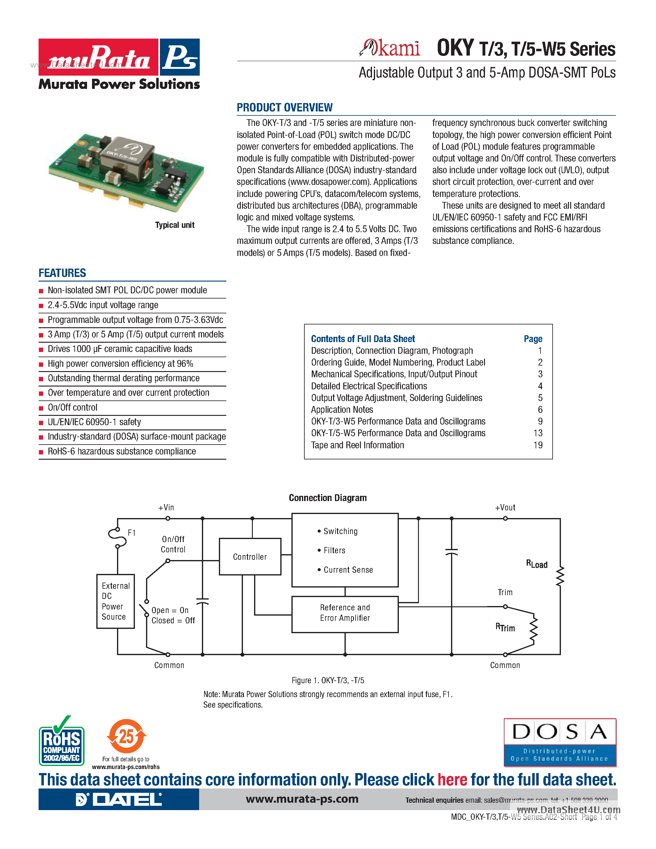 Datasheet OKY-T/3-W5 - Adjustable Output 3 and 5-Amp DOSA-SMT PoLs page 1