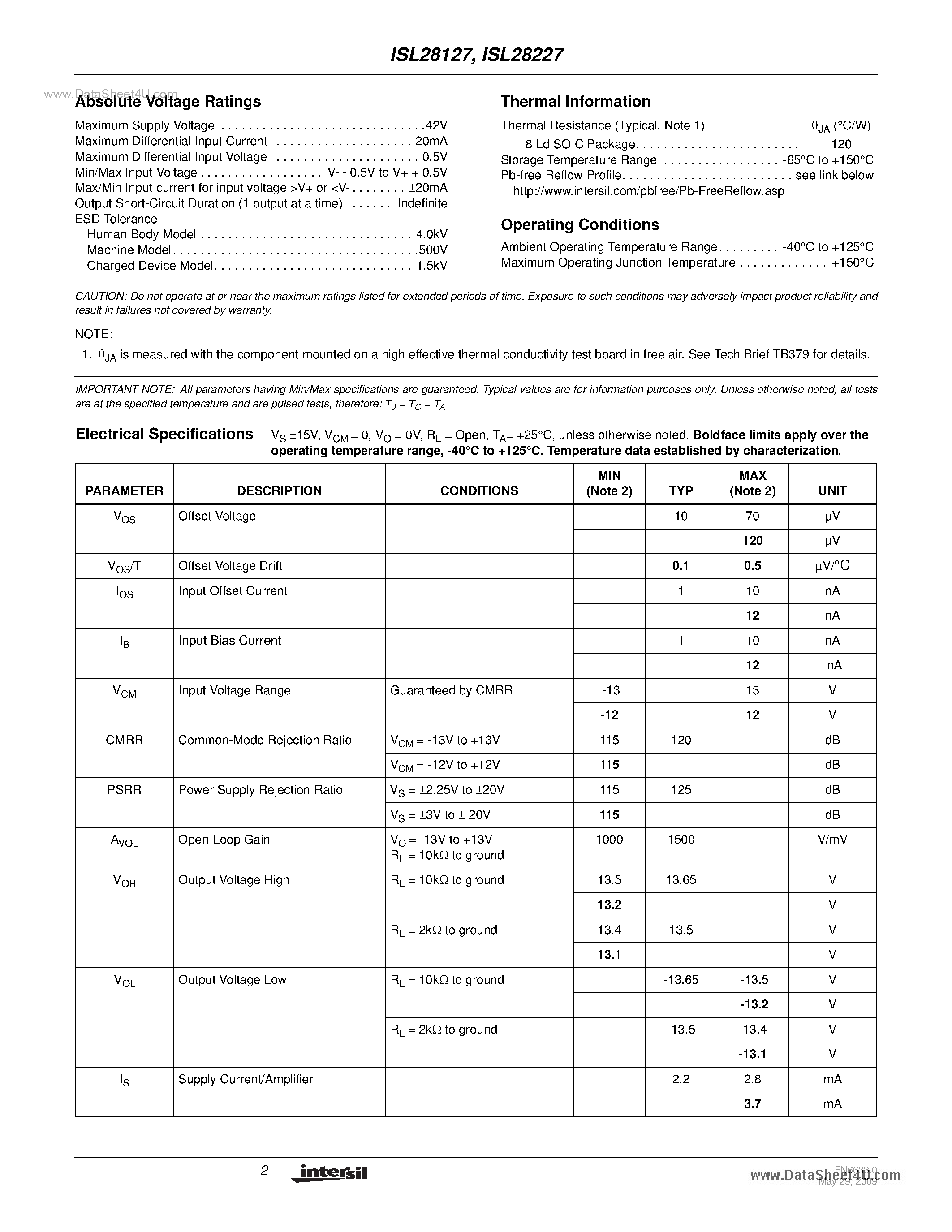Datasheet ISL28227 - (ISL28127 / ISL28227) Precision Single And Dual Low Noise Operational Amplifiers page 2