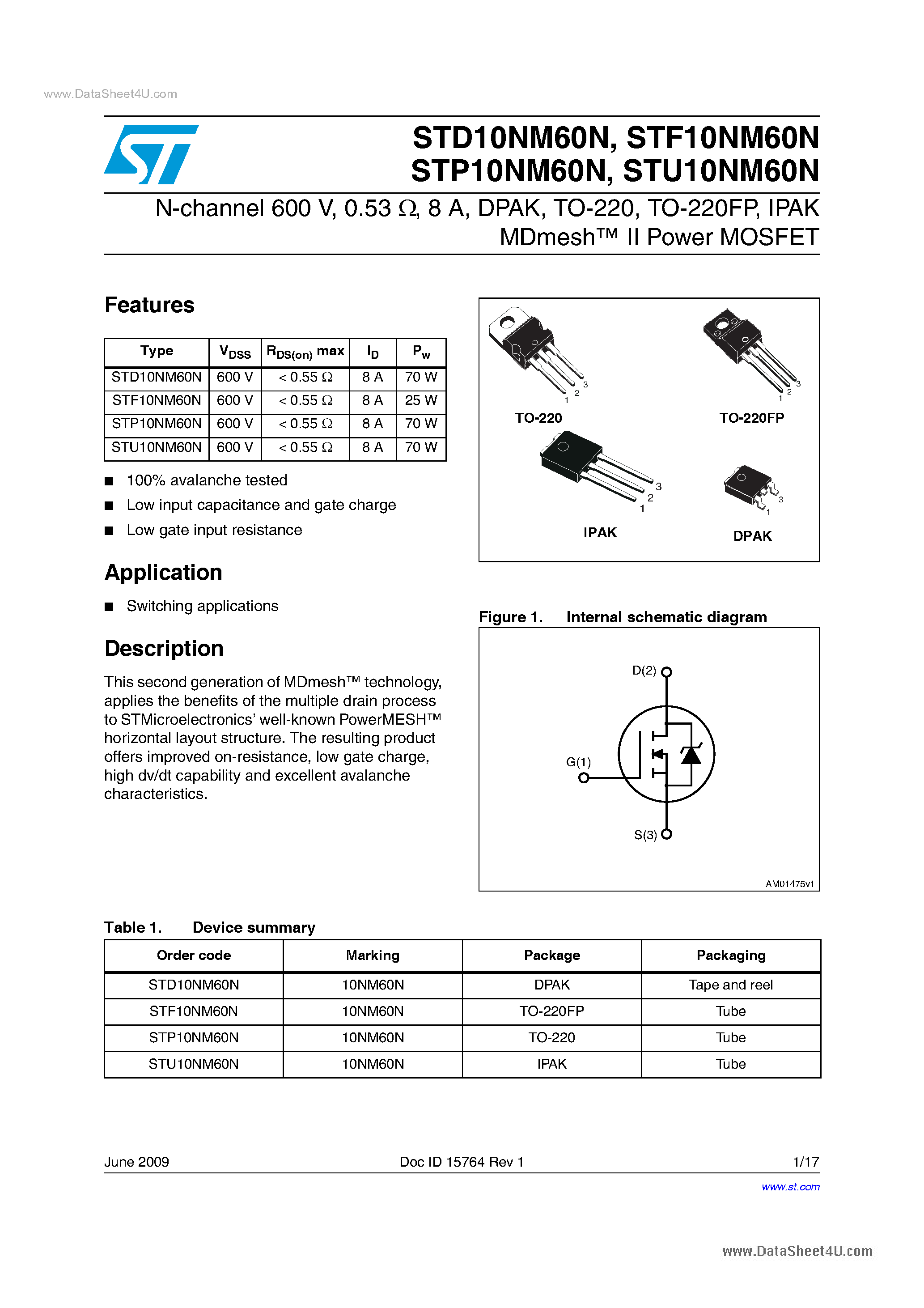Datasheet STP10NM60N - Power MOSFETs page 1
