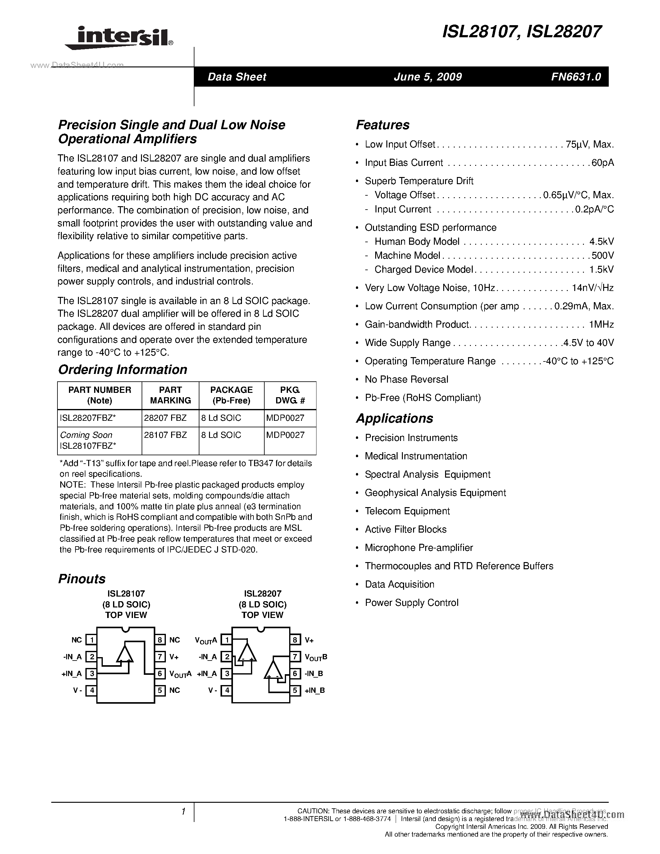 Даташит ISL28207 - (ISL28107 / ISL28207) RS-485/RS-422 Transceivers страница 1