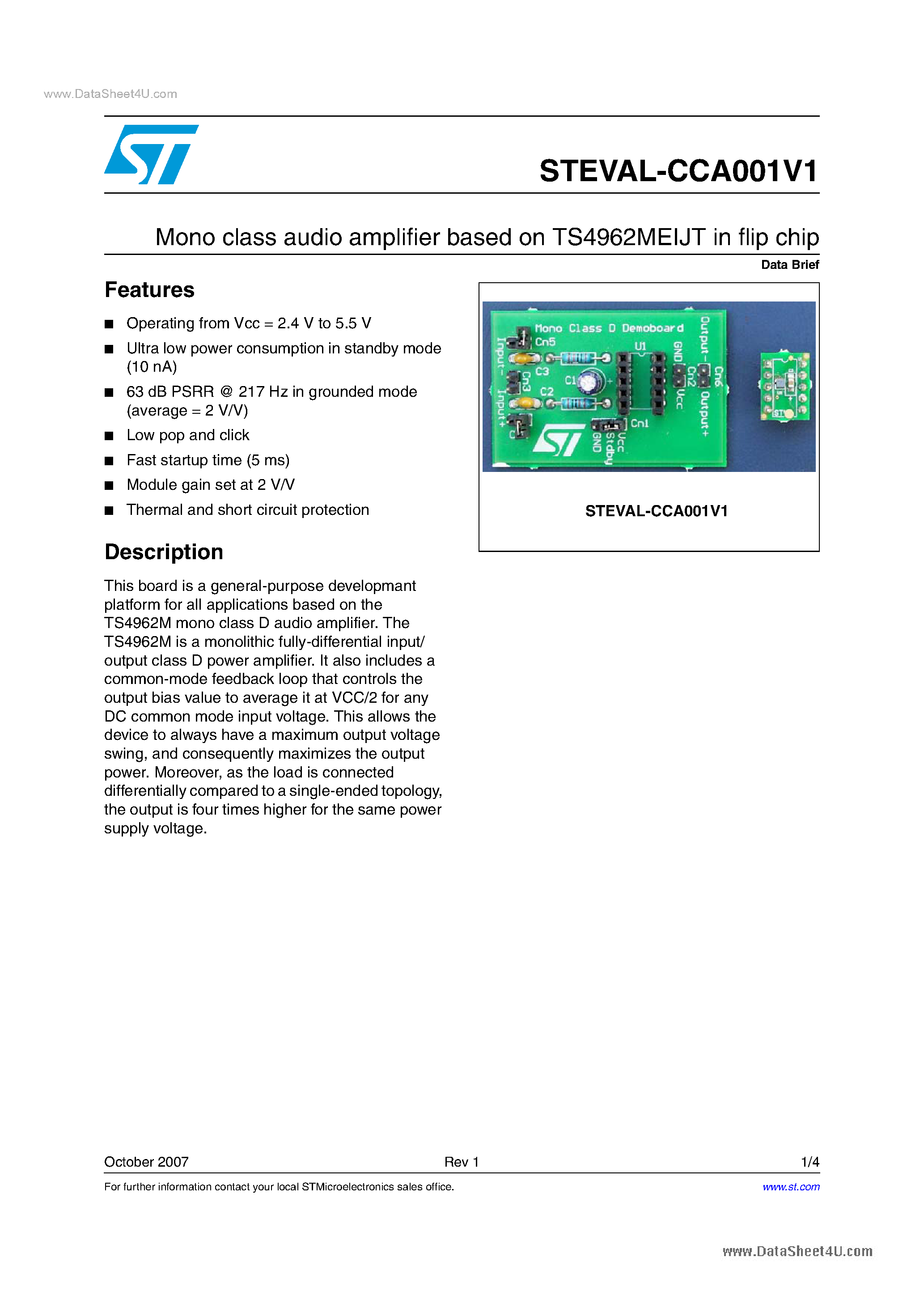 Datasheet STEVAL-CCA001V1 - Mono class audio amplifier based on TS4962MEIJT page 1