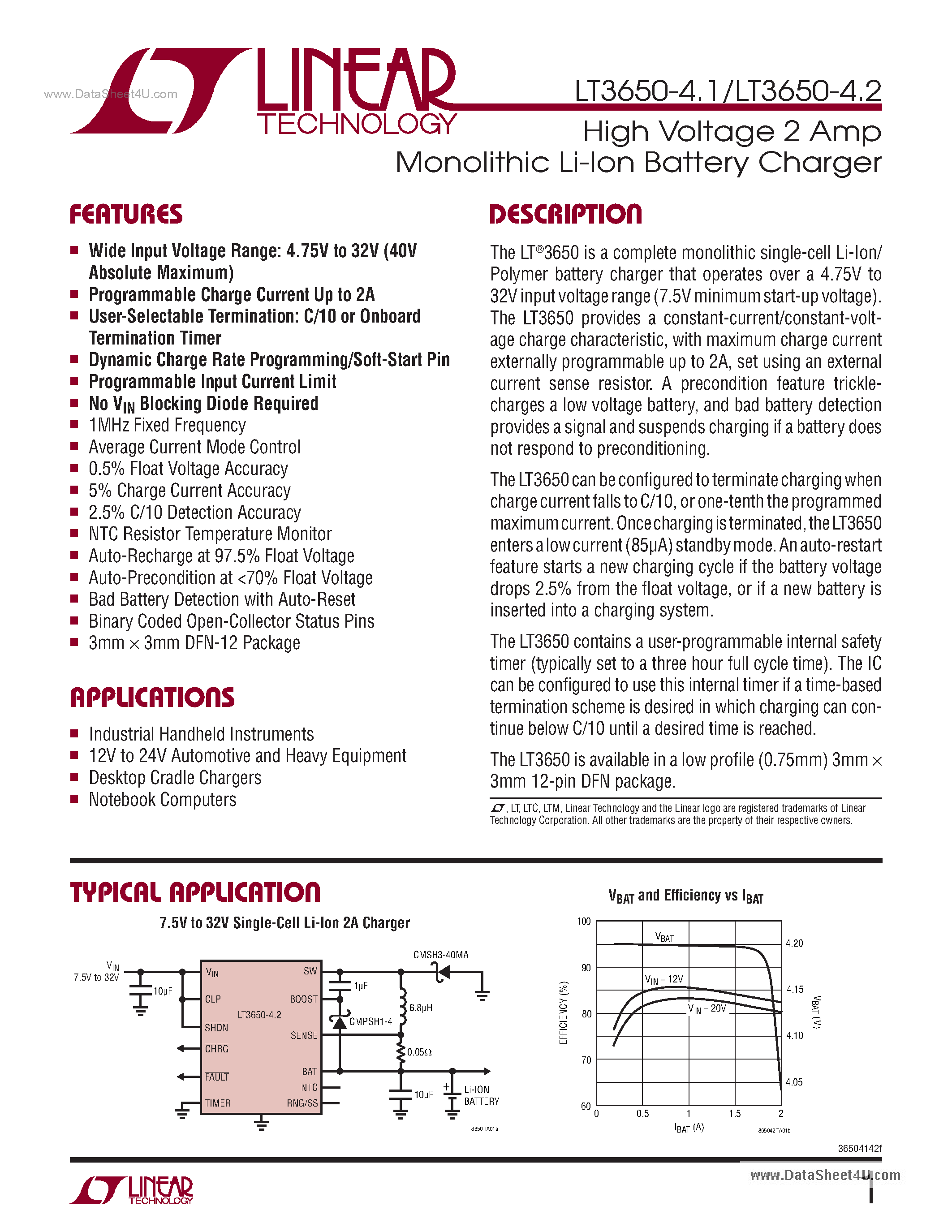 Datasheet LT3650-4.1 - (LT3650-4.1 / -4.2) High Voltage 2 Amp Monolithic Li-Ion Battery Charger page 1