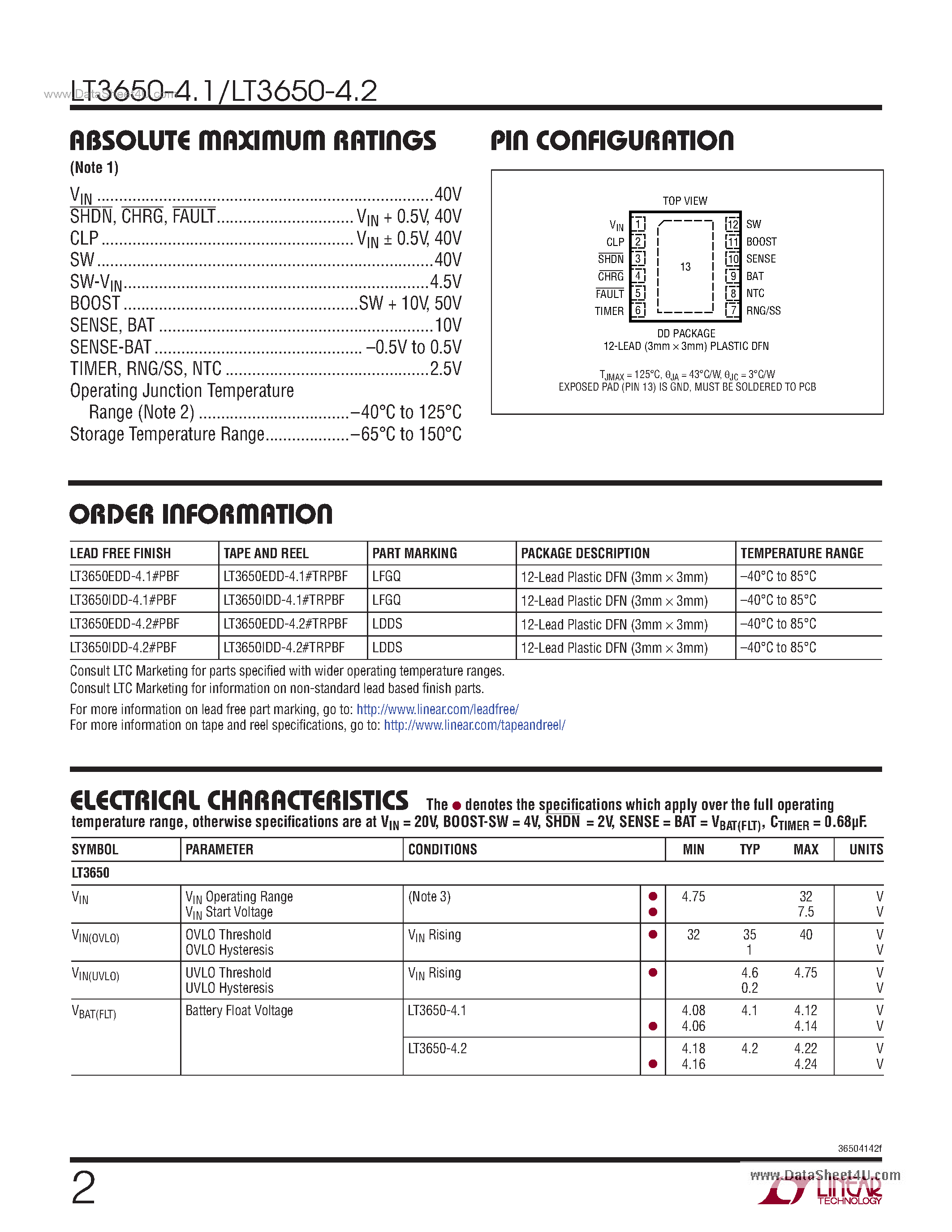 Даташит LT3650-4.1 - (LT3650-4.1 / -4.2) High Voltage 2 Amp Monolithic Li-Ion Battery Charger страница 2