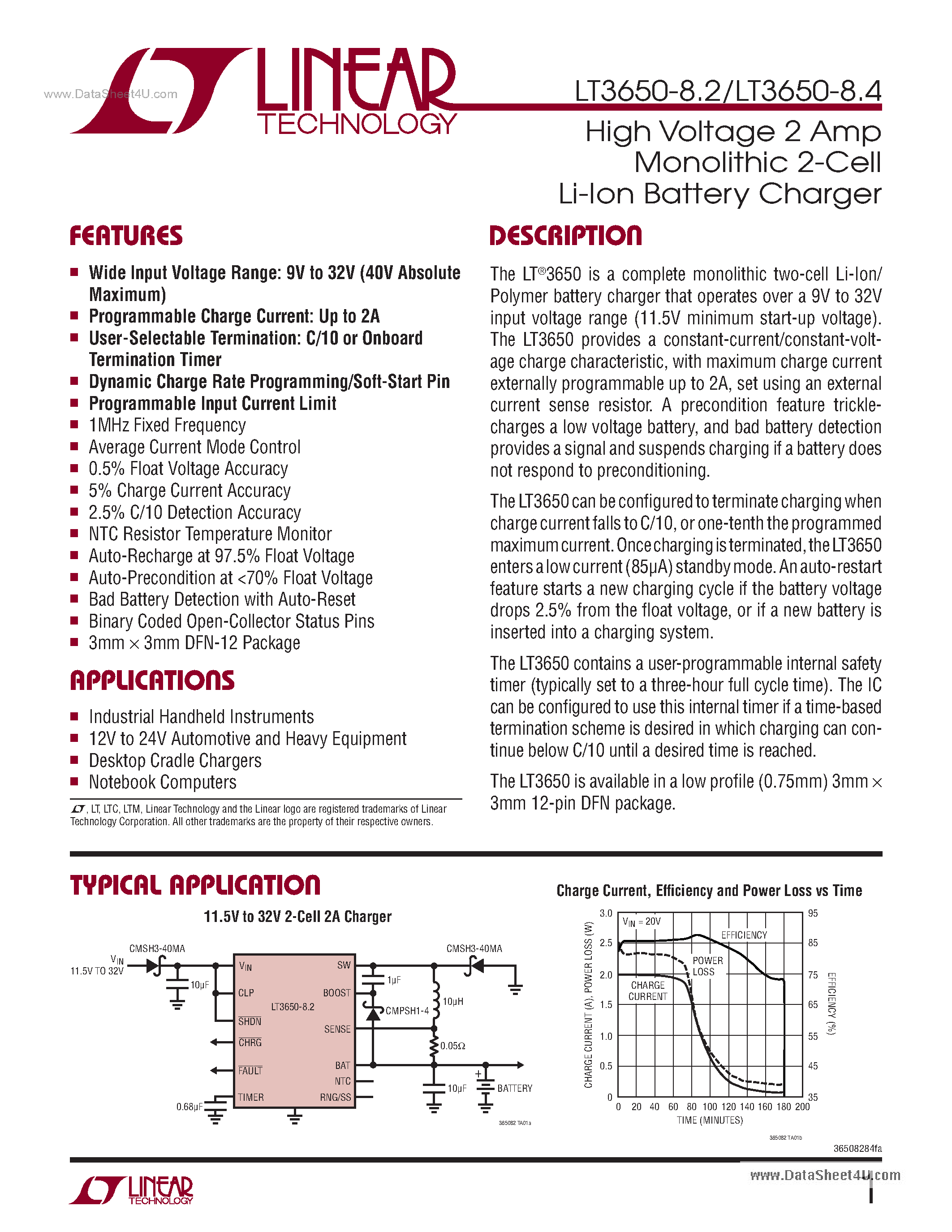 Datasheet LT3650-8.2 - (LT3650-8.2 / -8.4) High Voltage 2 Amp Monolithic Li-Ion Battery Charger page 1
