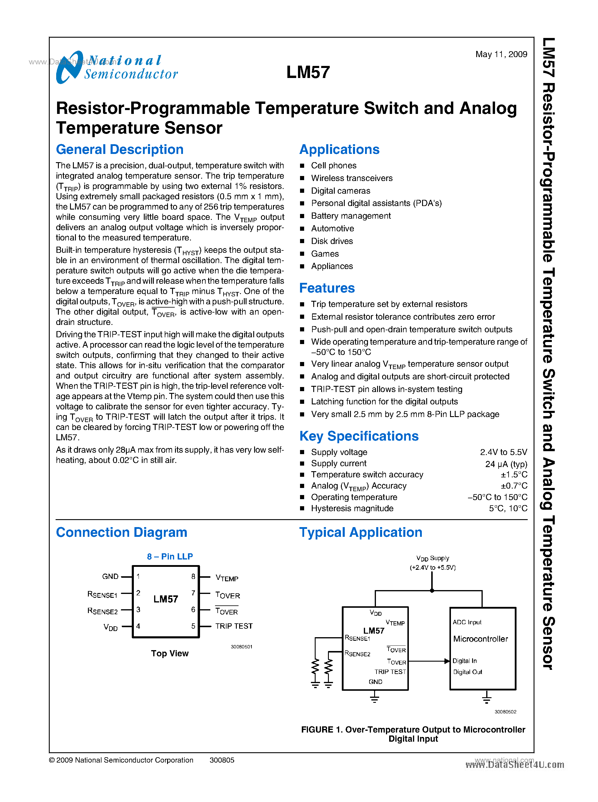 Datasheet LM57 - Resistor-Programmable Temperature Switch And Analog Temperature Sensor page 1