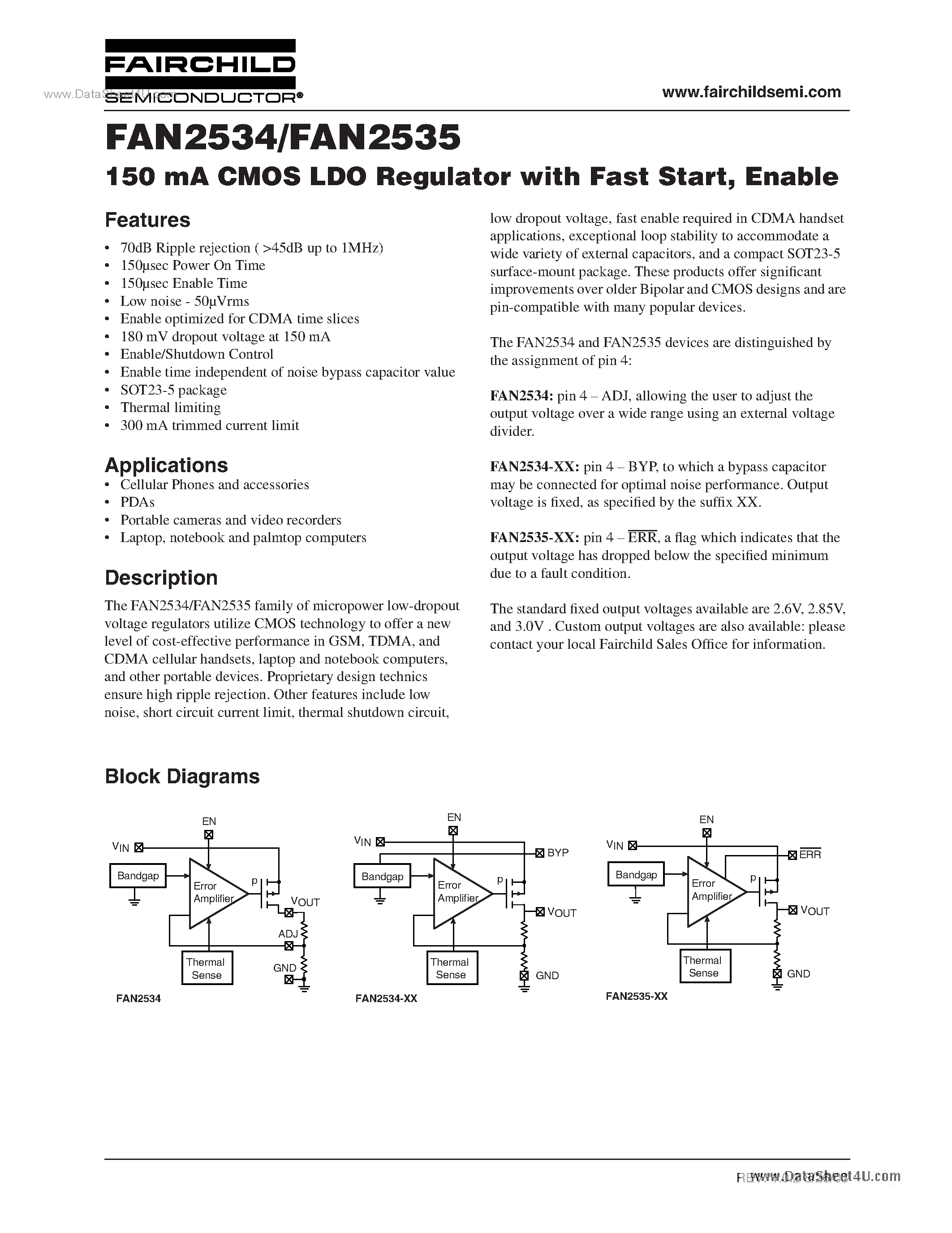 Даташит FAN2534 - (FAN2534 / FAN2535) 150 mA CMOS LDO Regulator страница 1