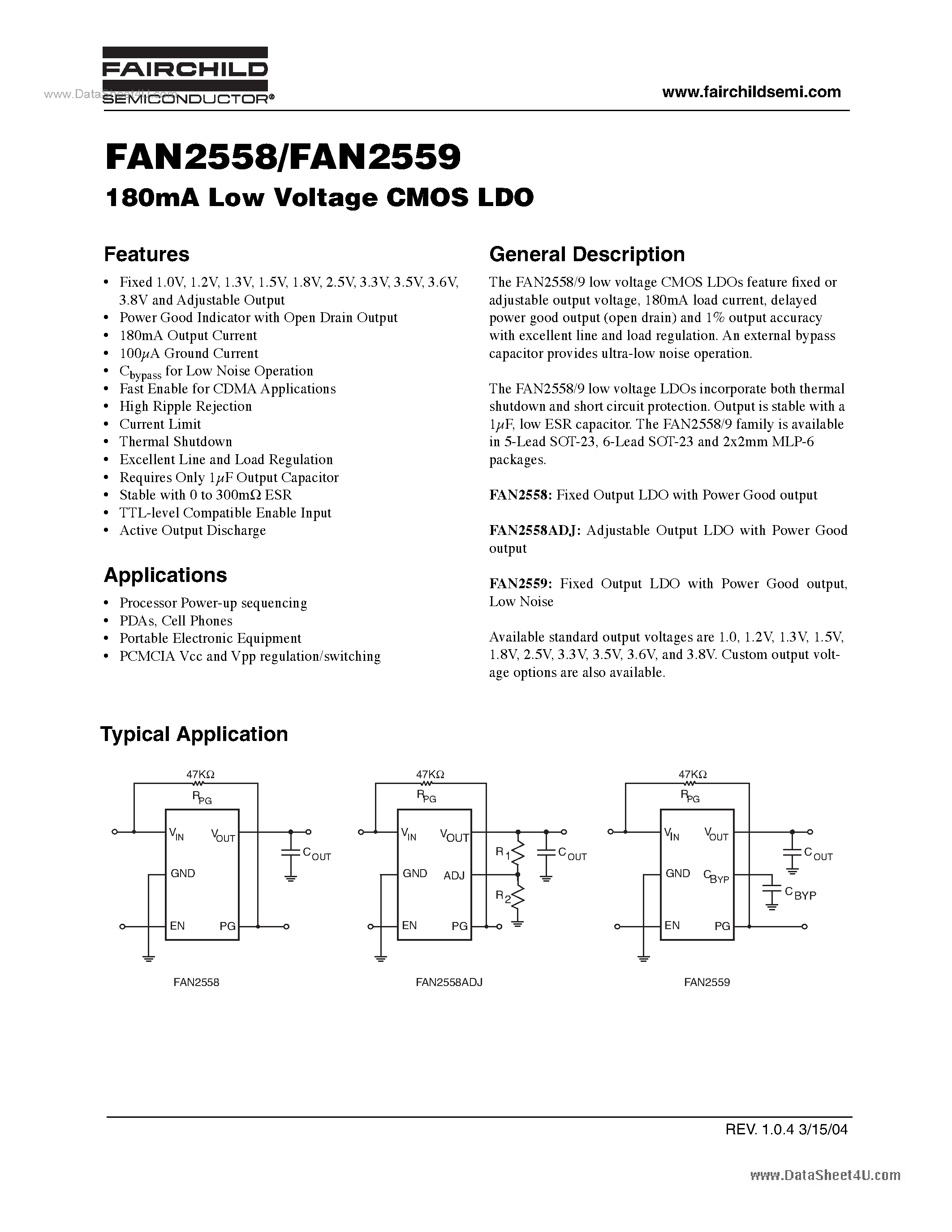 Даташит FAN2558 - (FAN2558 / FAN2559) 180mA Low Voltage CMOS LDO страница 1