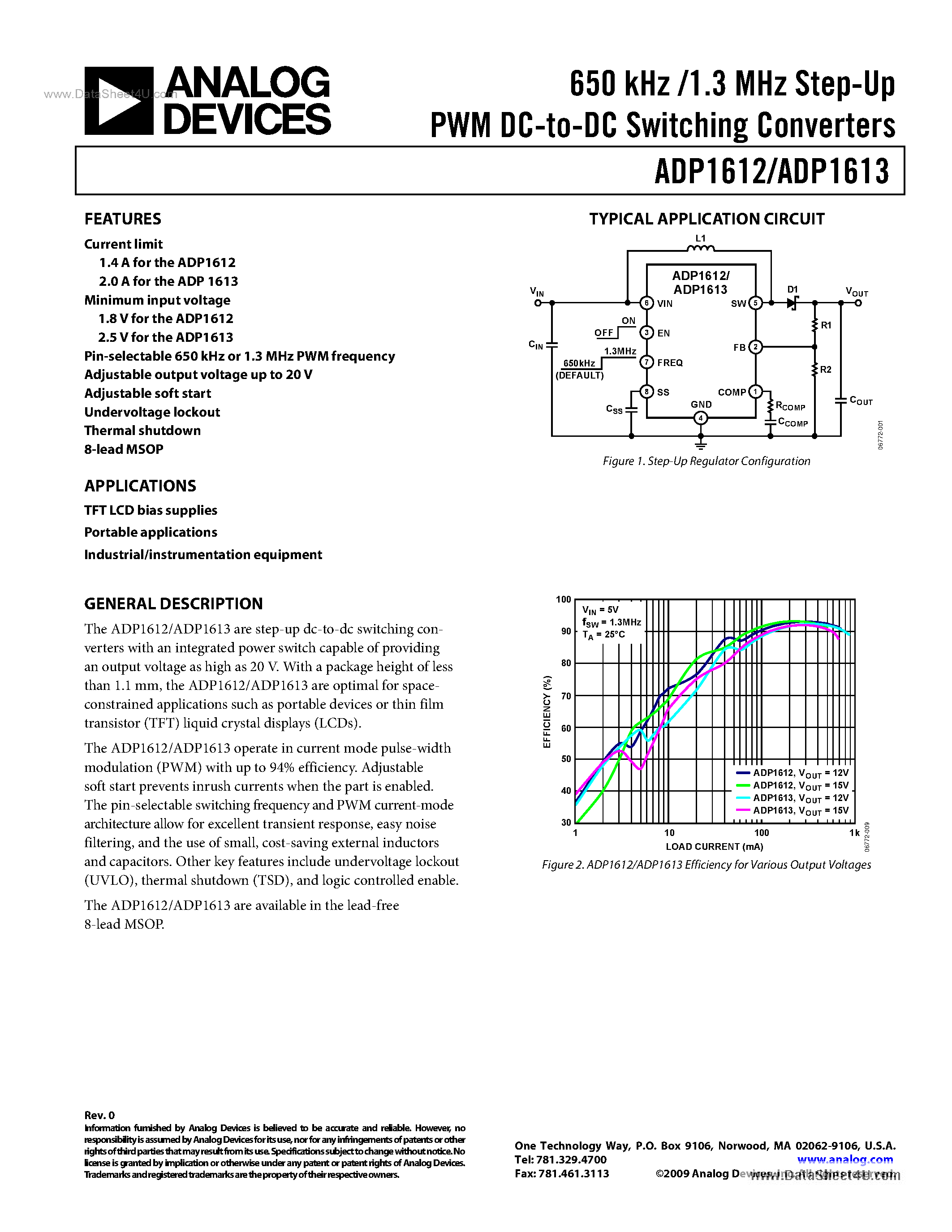 Даташит ADP1612 - (ADP1612 / ADP1613) 650 KHz /1.3 MHz Step-Up PWM DC-to-DC Switching Converter страница 1