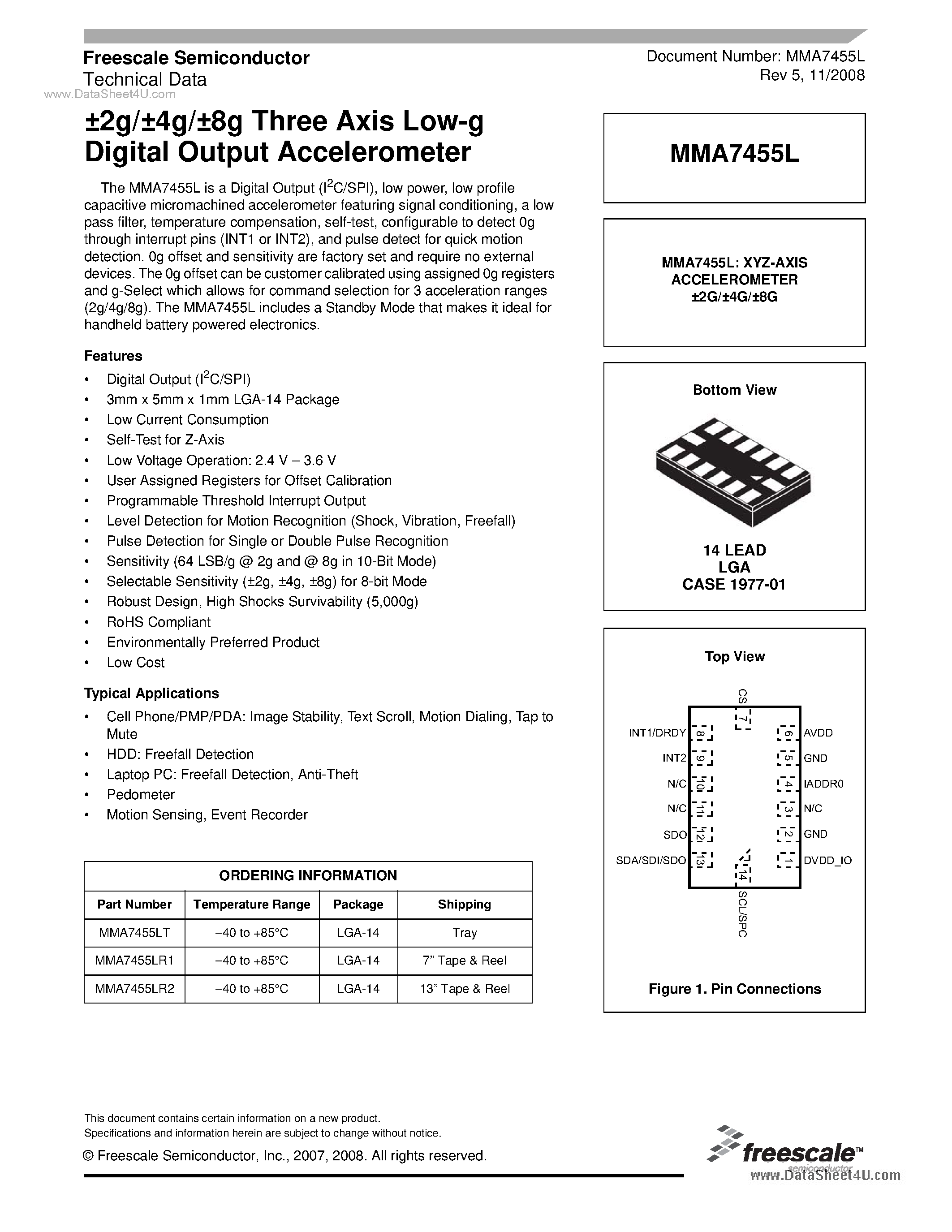 Datasheet MMA7455L - Three Axis Low-g Digital Output Accelerometer page 1
