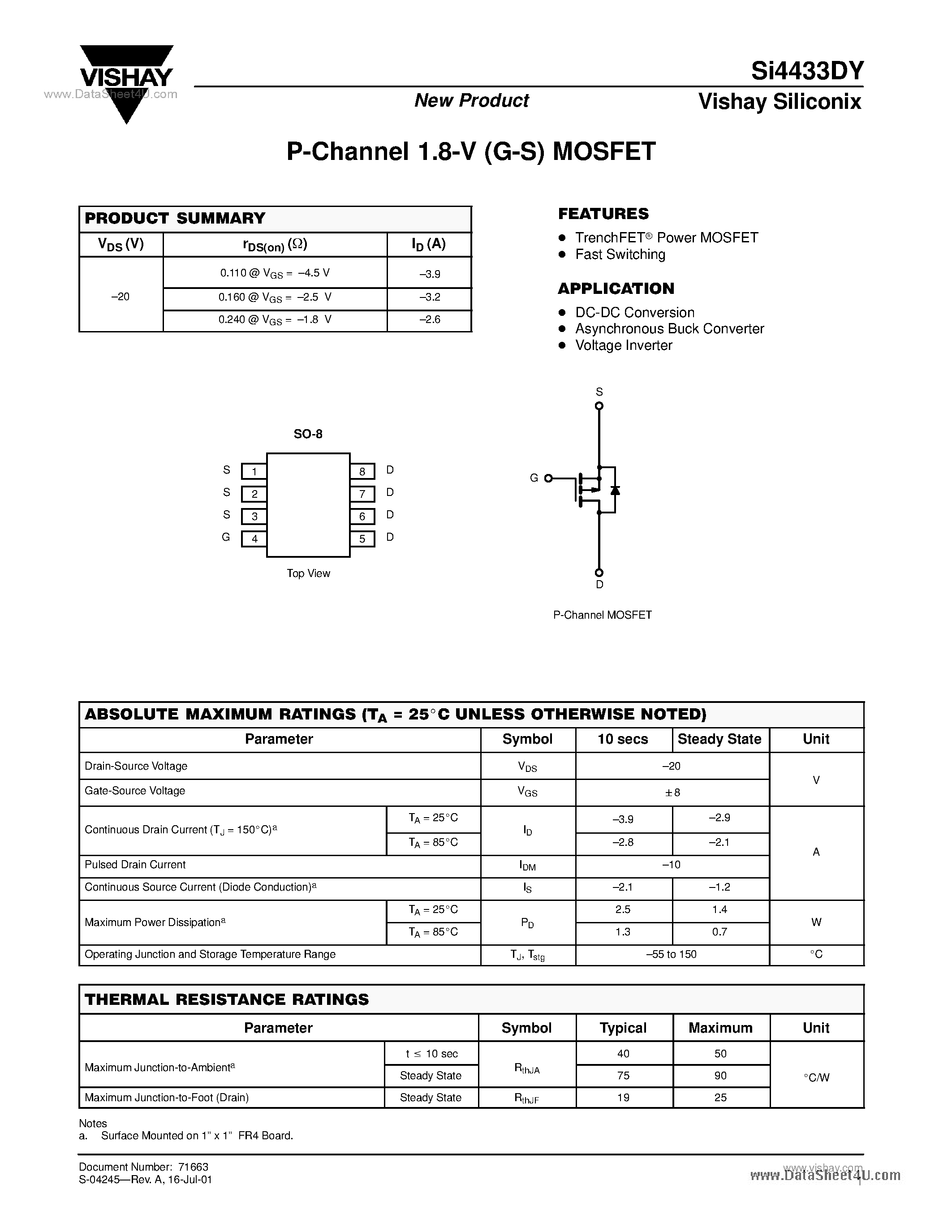 Datasheet SI4433DY - P-Channel 1.8-V (G-S) MOSFET page 1