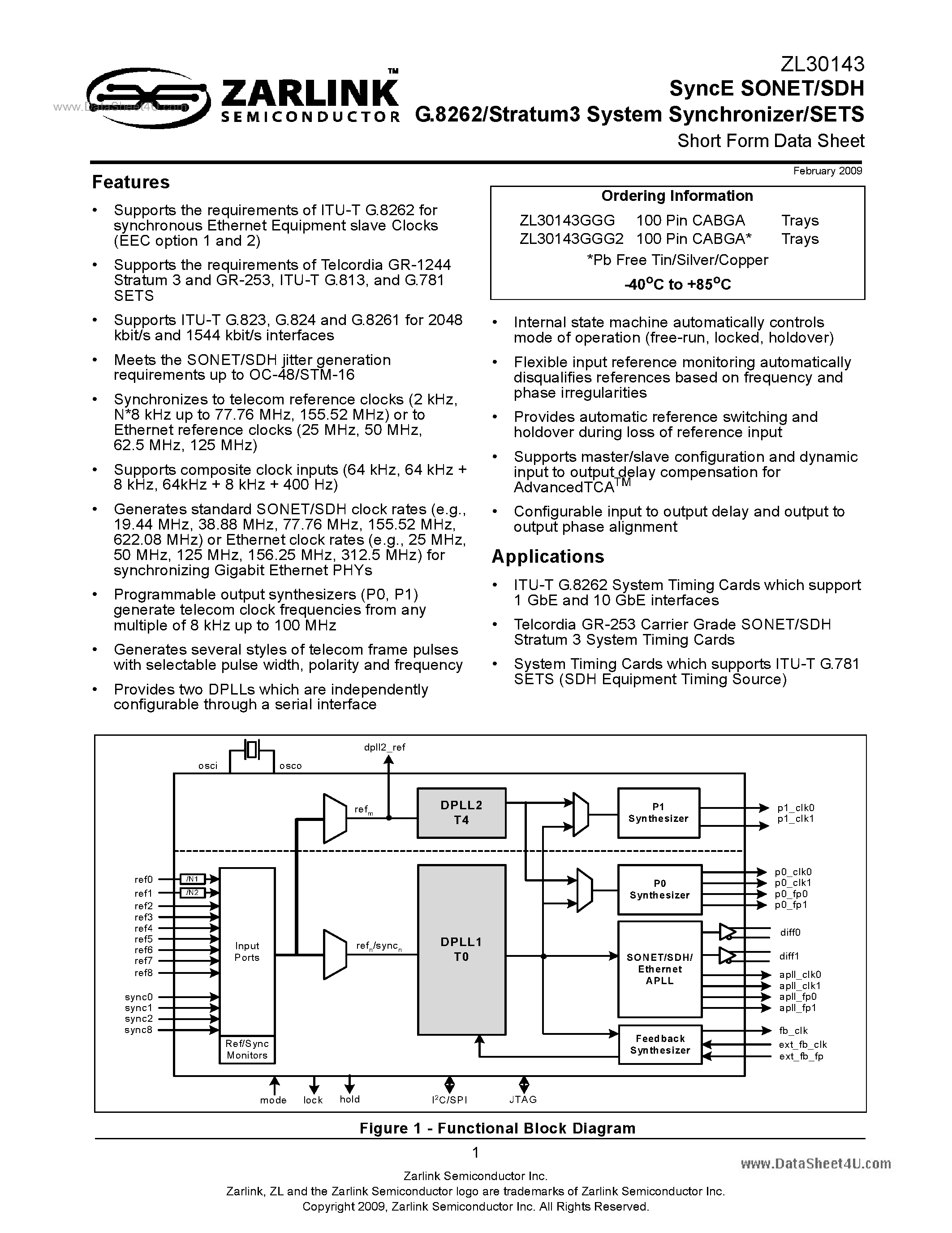 Datasheet ZL30143 - SyncE SONET/SDH G.8262/Stratum3 System Synchronizer/SETS page 1