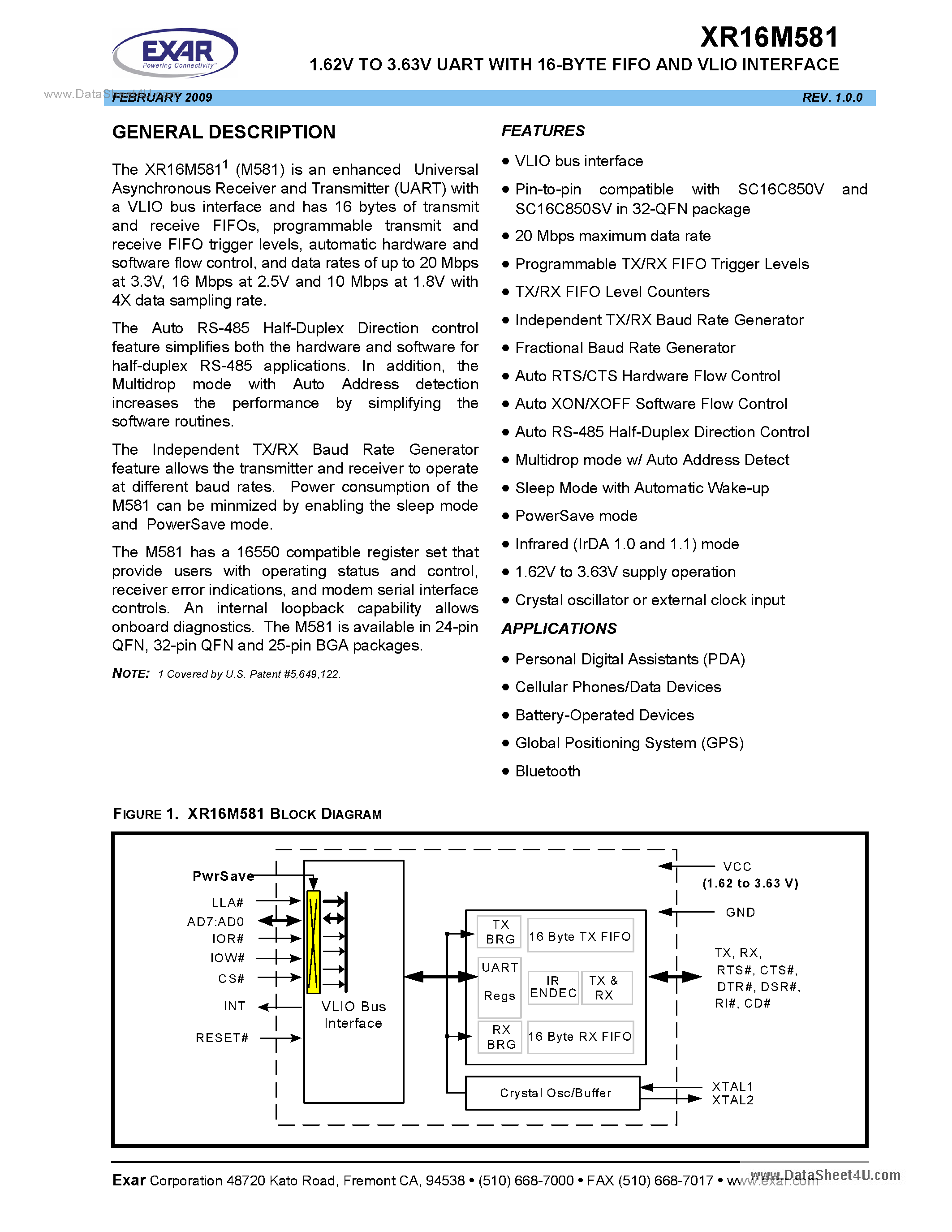 Datasheet XR16M581 - 1.62V To 3.63V UART page 1