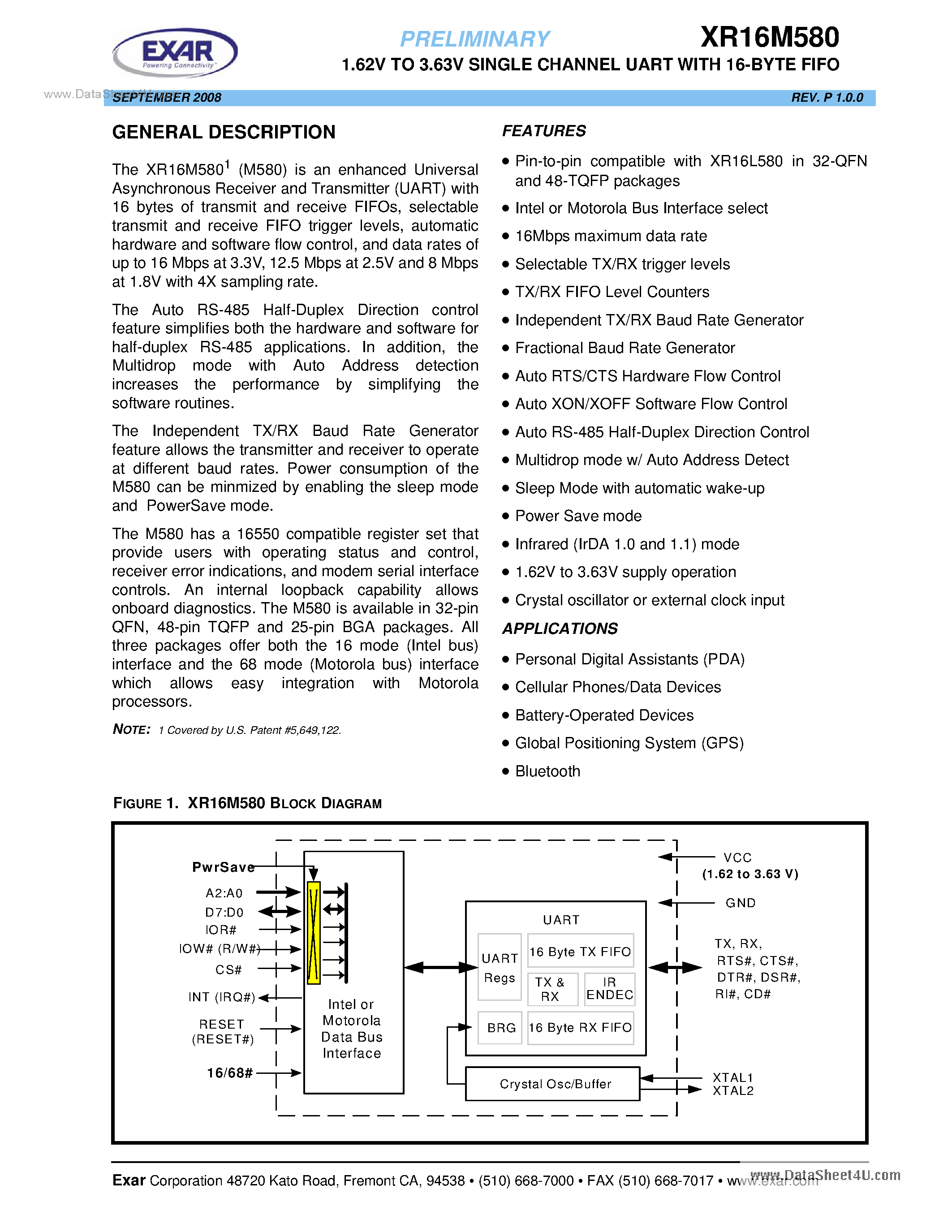 Datasheet XR16M580 - 1.62V To 3.63V High Performance UART page 1