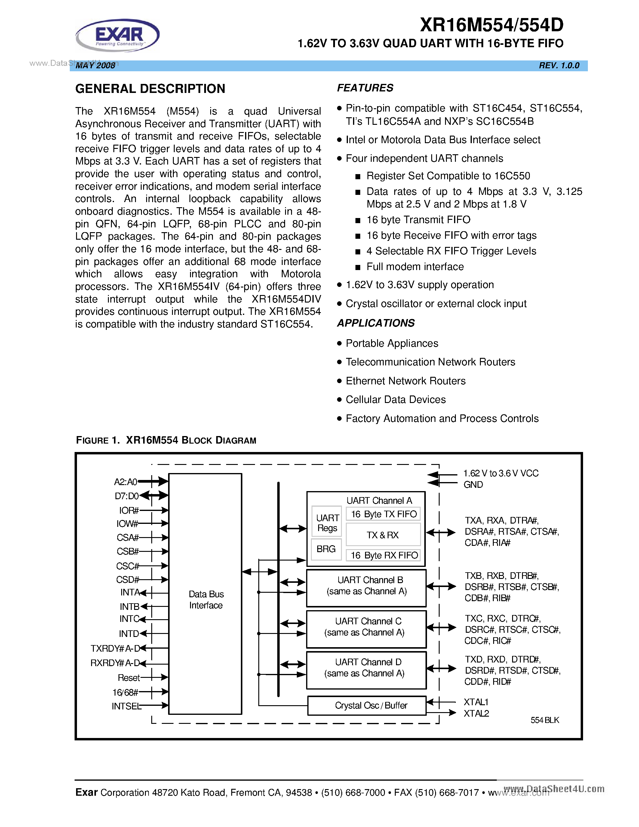 Datasheet XR16M554 - 1.62V To 3.63V Quad UART page 1