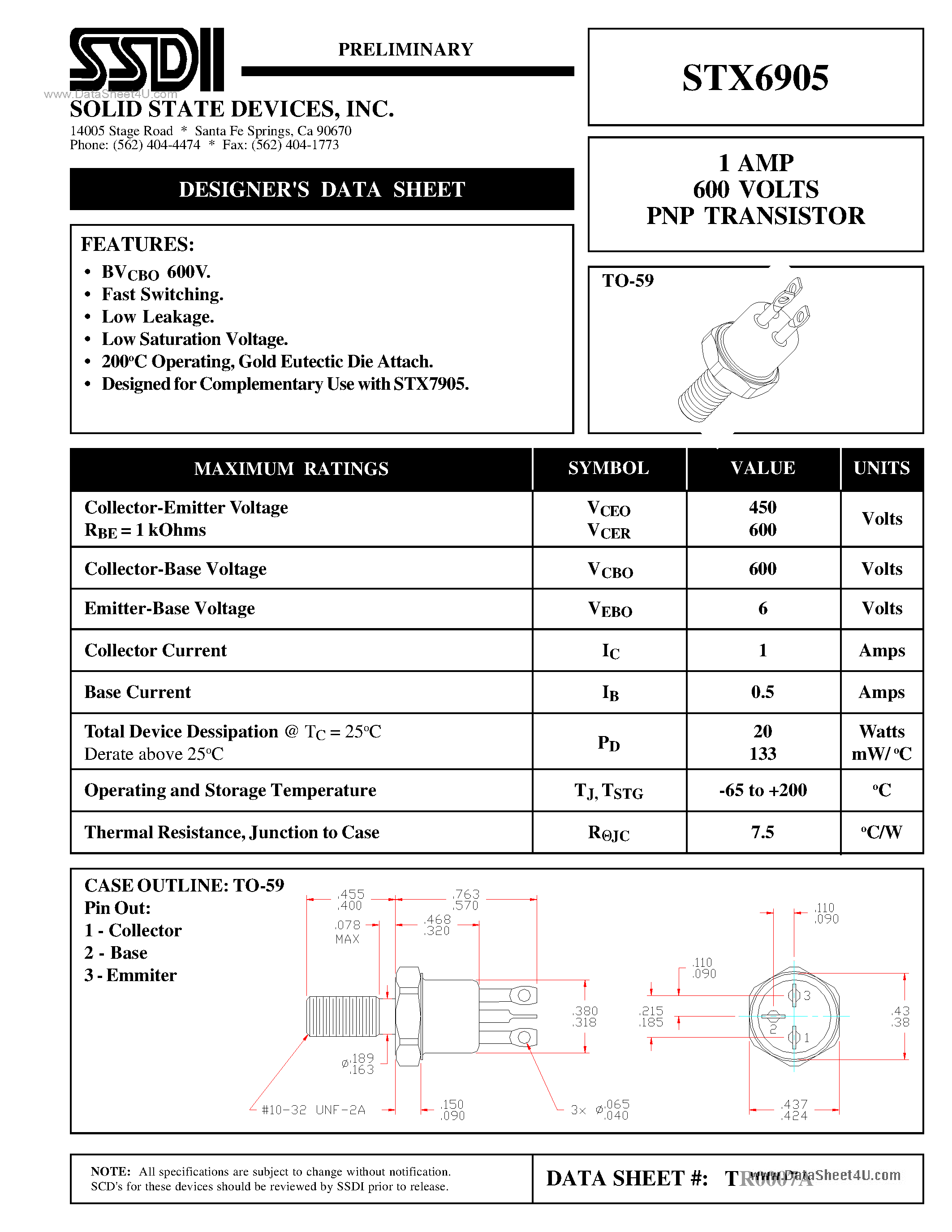 Datasheet STX6905 - 1 AMP 600 VOLTS PNP TRANSISTOR page 1