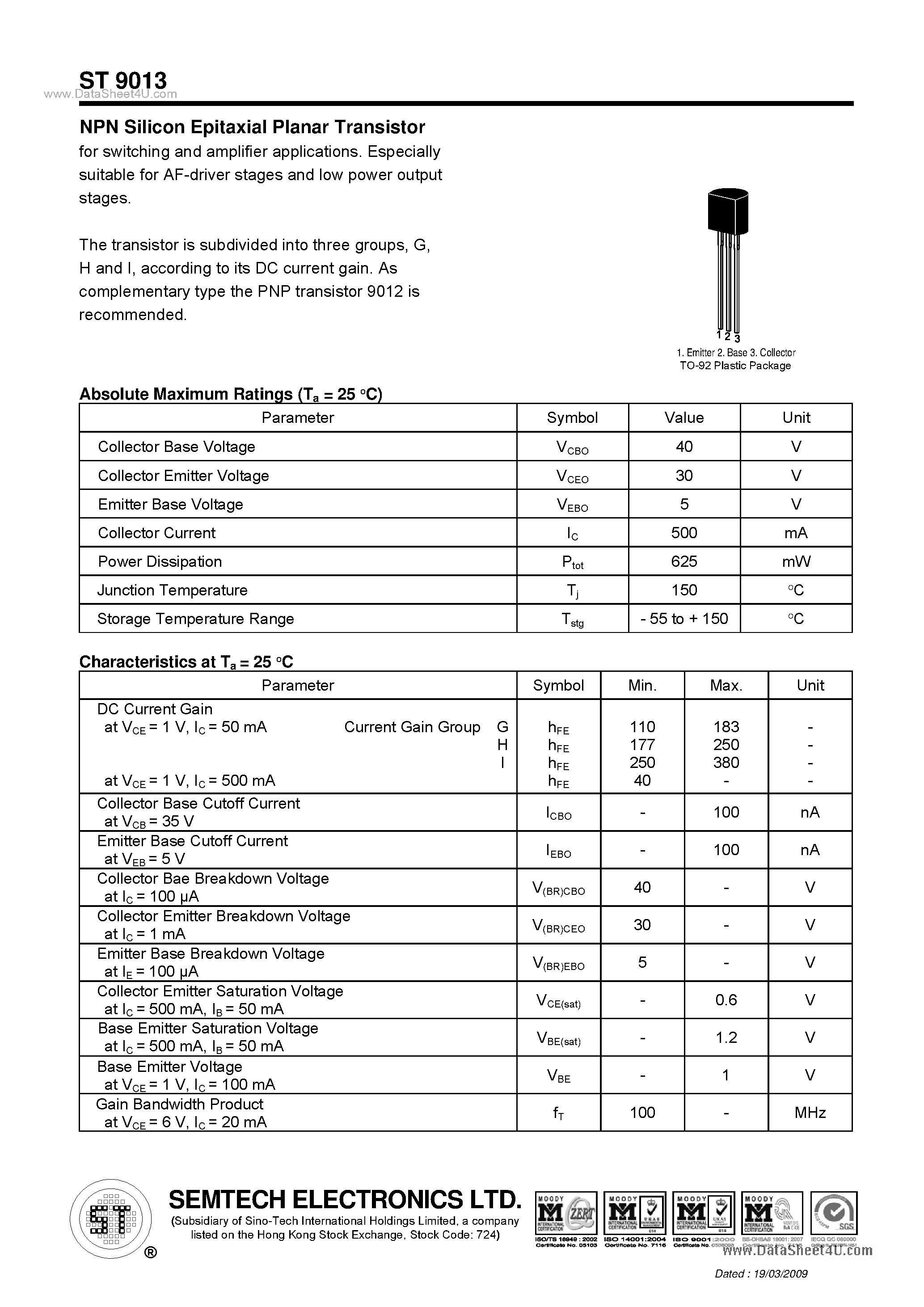 Datasheet ST9013 - NPN Silicon Epitaxial Planar Transistor page 1