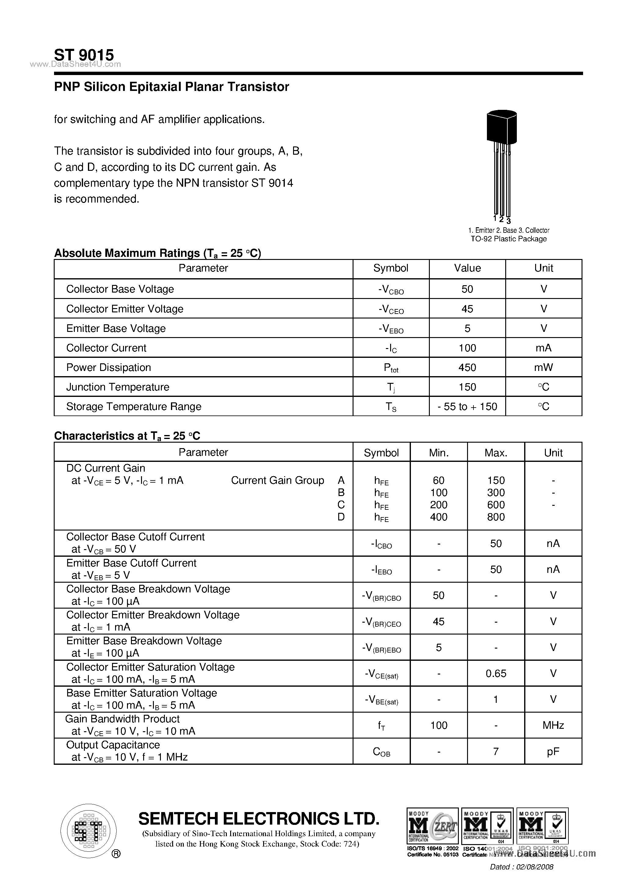 Datasheet ST9015 - PNP Silicon Epitaxial Planar Transistor page 1