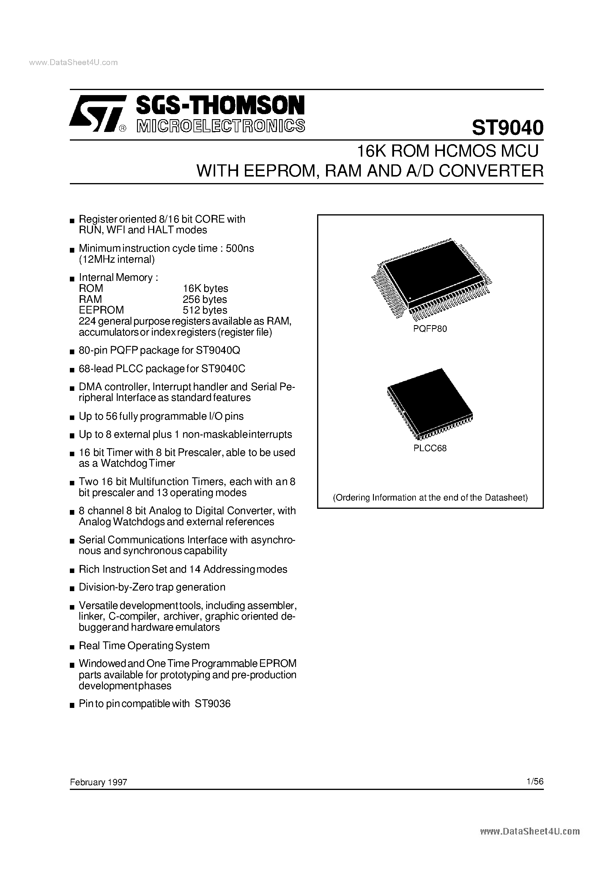 Datasheet ST9040 - 16K ROM HCMOS MCU page 1