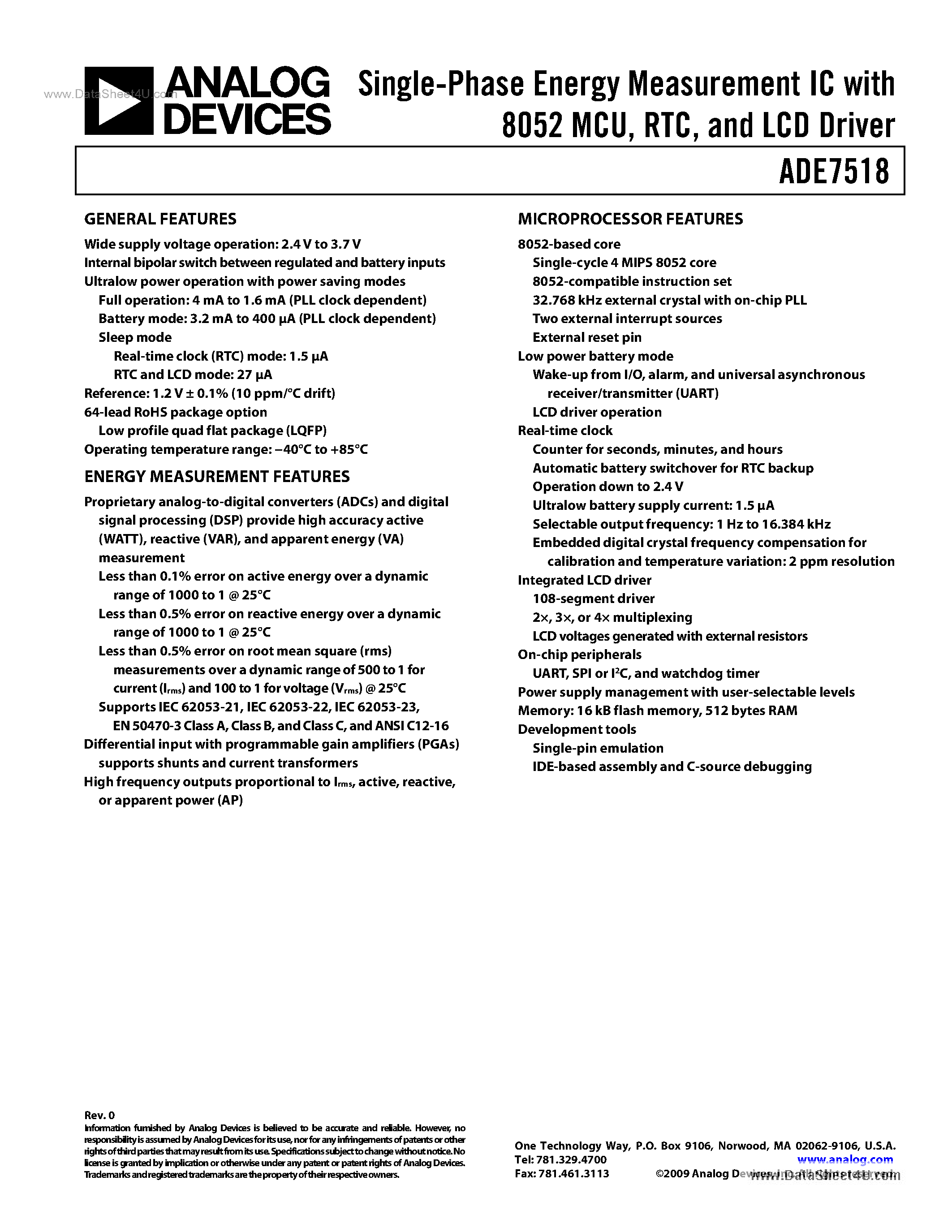 Datasheet ADE7518 - Single-Phase Energy Measurement IC page 1