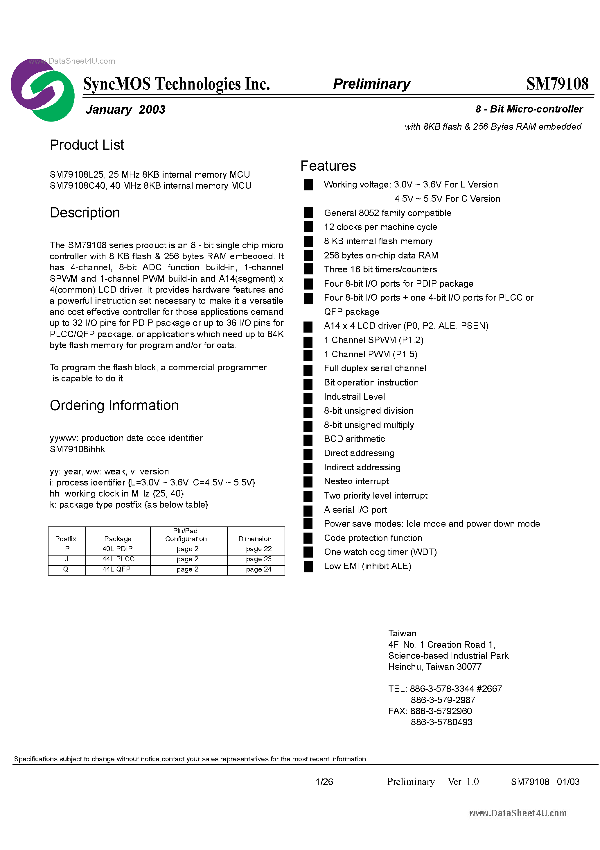 Datasheet SM79108 - 8-Bit Micro-controller page 1