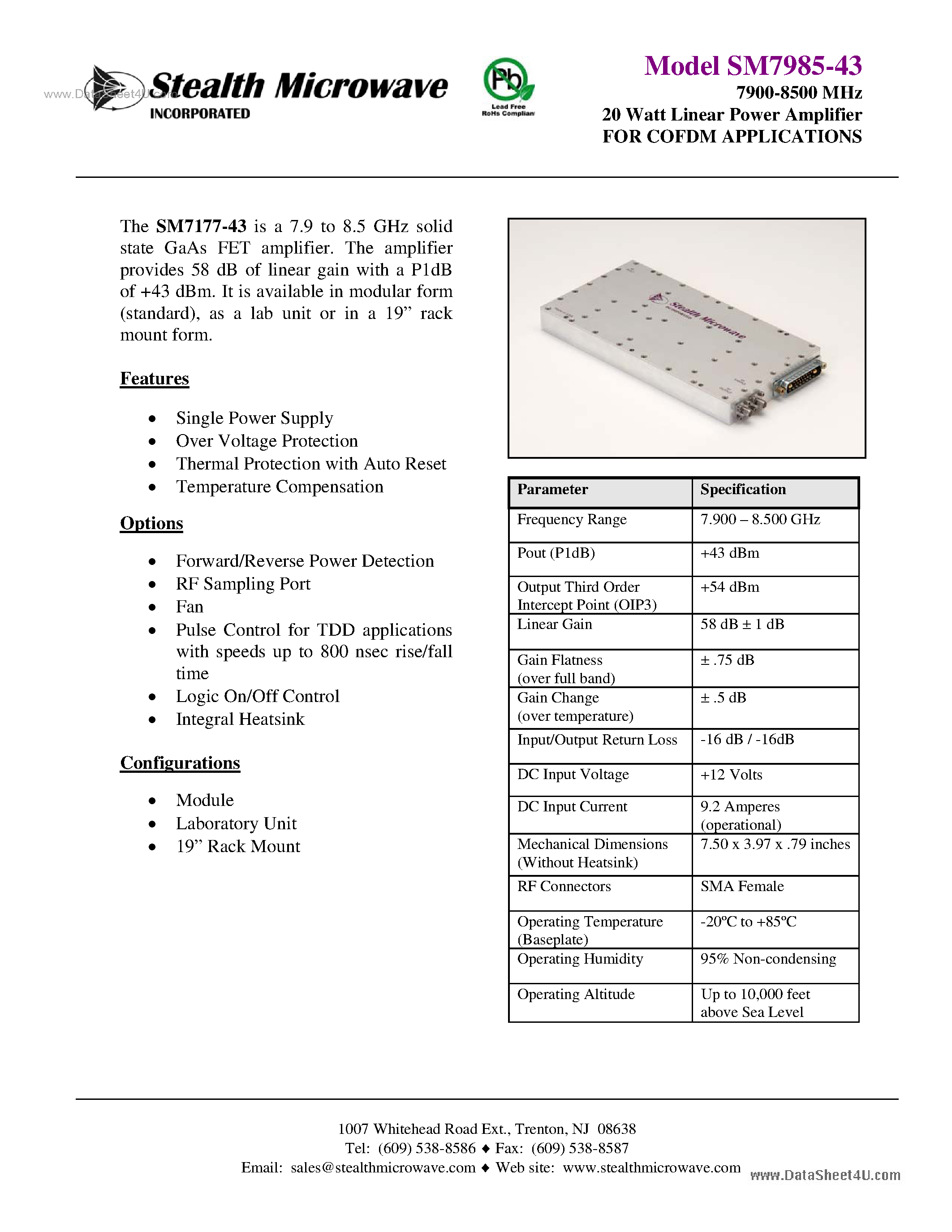 Datasheet SM7985-43 - 7900-8500 MHz 20 Watt Linear Power Amplifier page 1