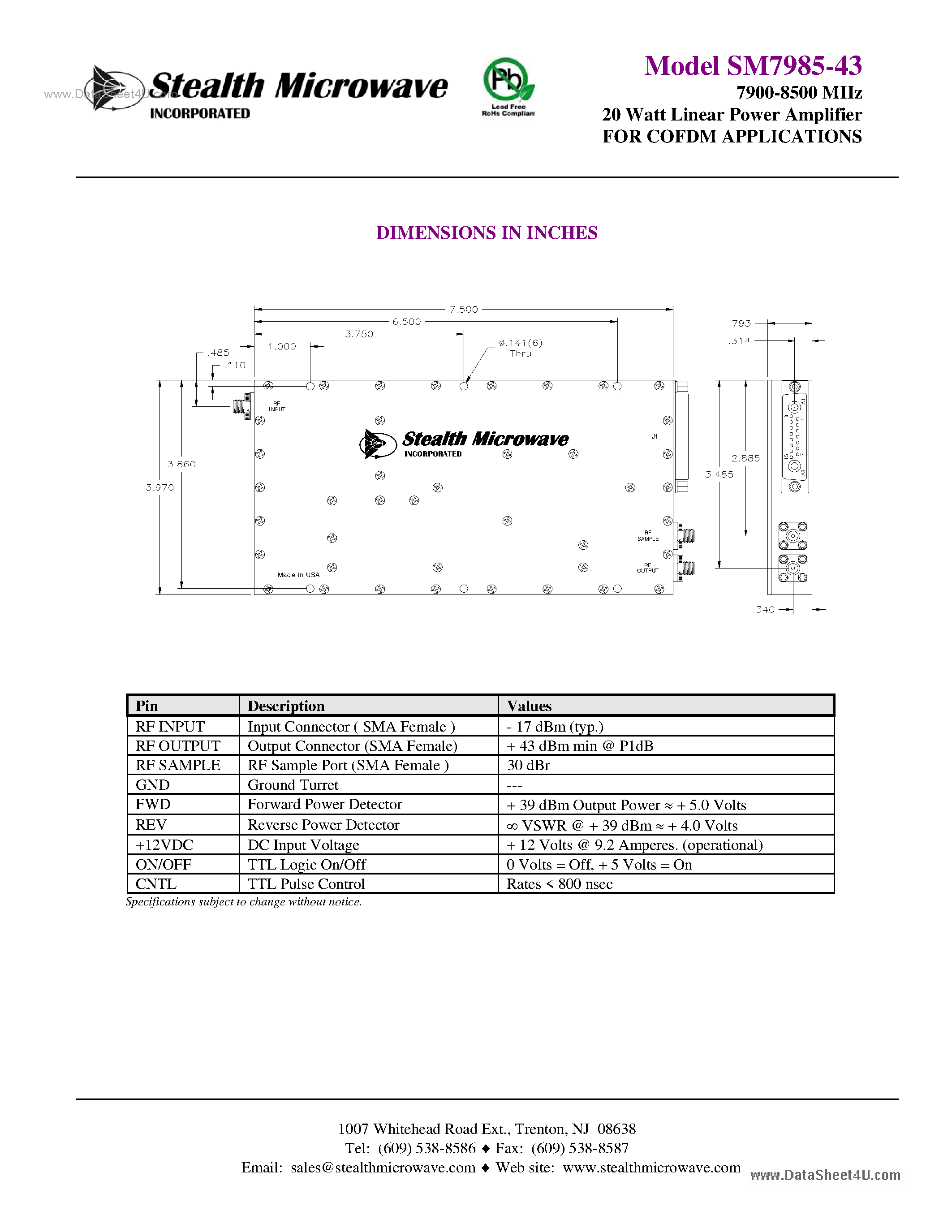 Даташит SM7985-43 - 7900-8500 MHz 20 Watt Linear Power Amplifier страница 2