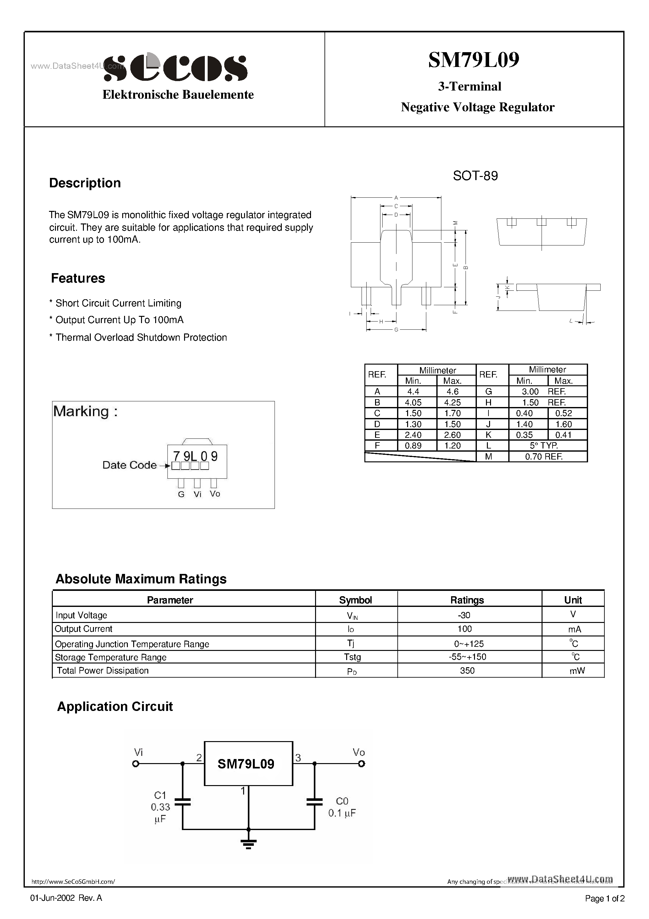 Даташит SM79L09 - Negative Voltage Regulator страница 1